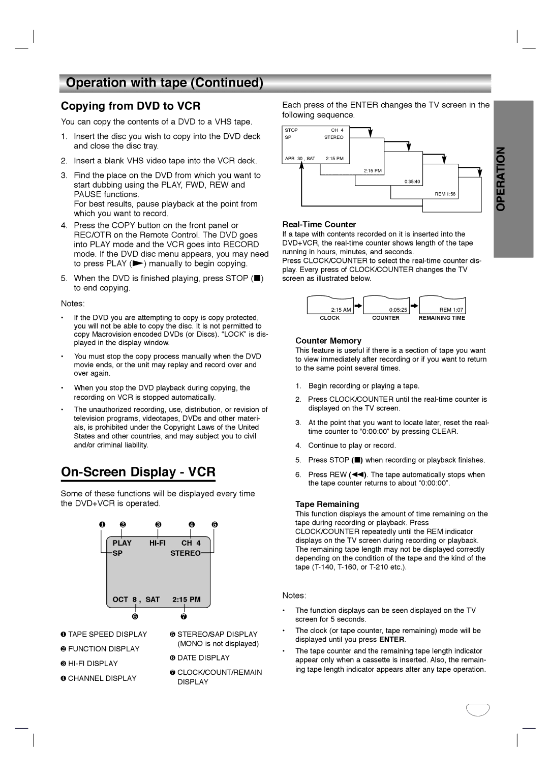 Toshiba SD-KV540SU On-Screen Display VCR, Copying from DVD to VCR, Real-Time Counter, Counter Memory, Tape Remaining 