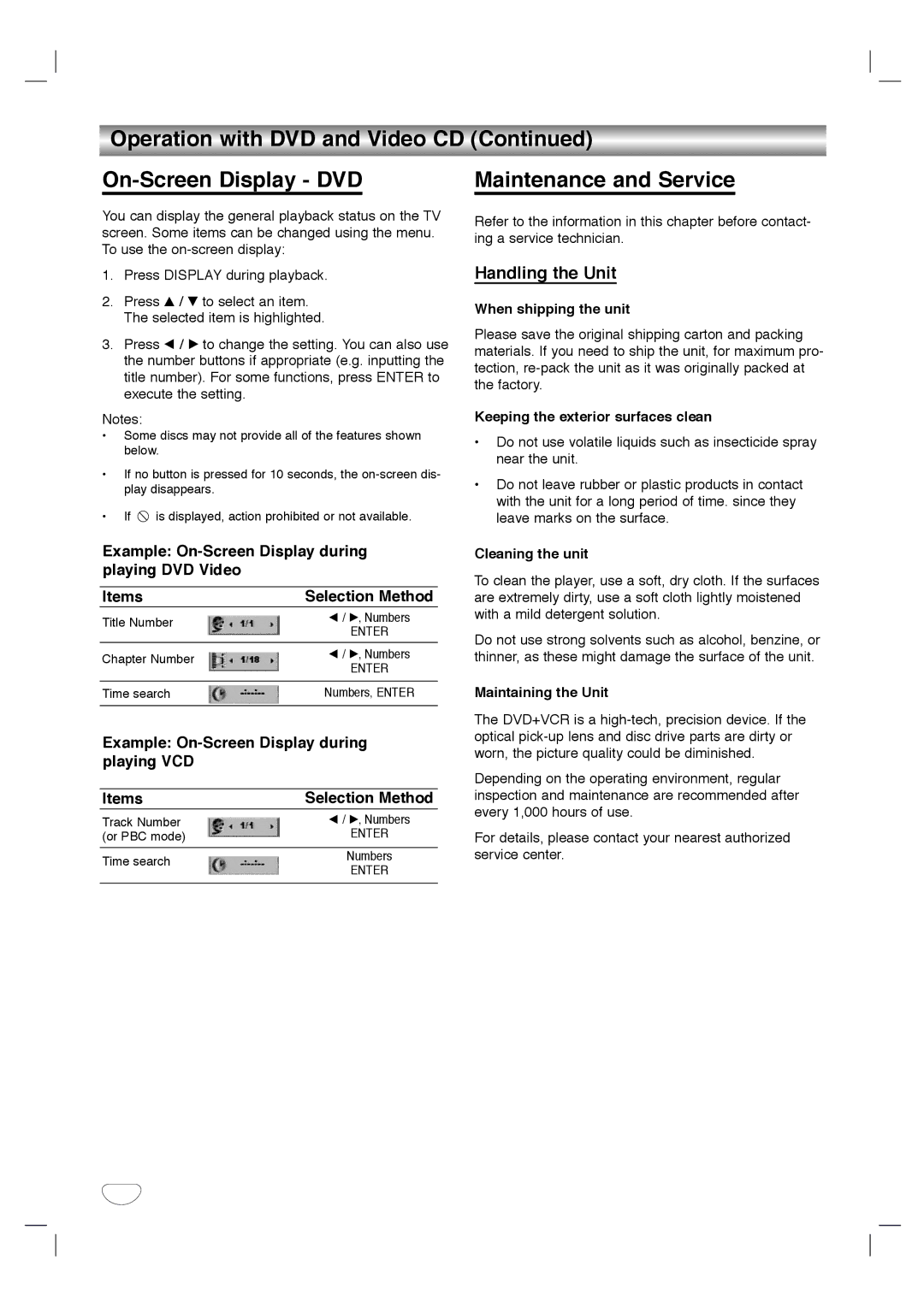 Toshiba SD-KV540SU owner manual Operation with DVD and Video CD On-Screen Display DVD, Maintenance and Service 