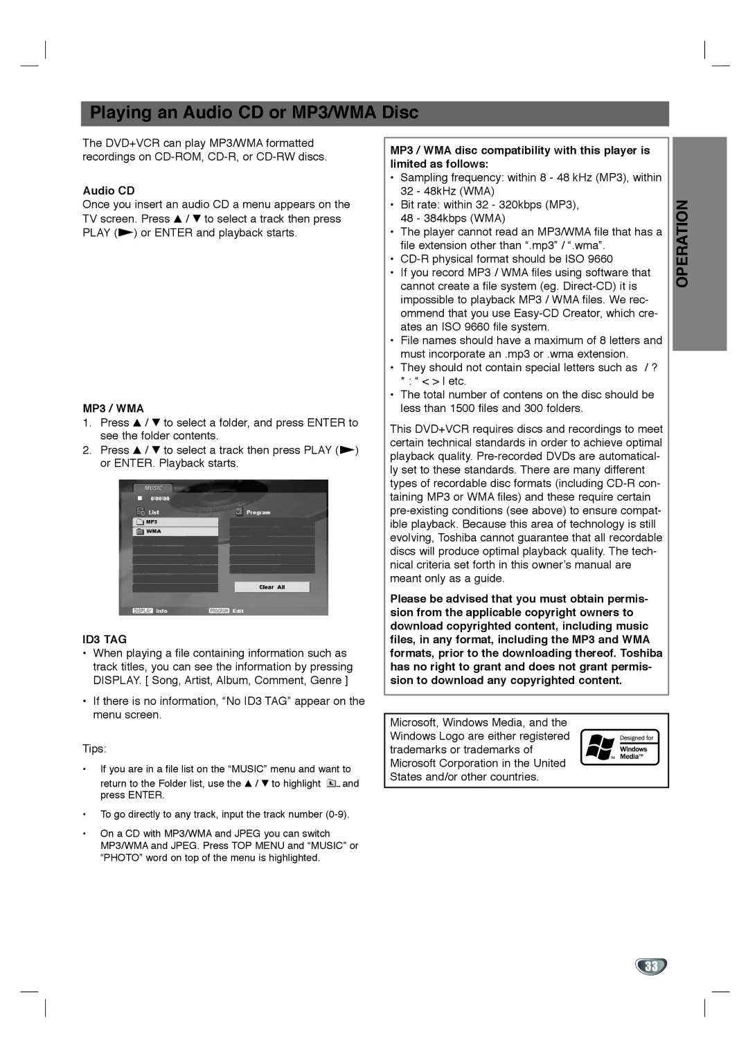 Toshiba SD-KV540SU owner manual Playing an Audio CD or MP3/WMA Disc, MP3 / WMA, ID3 TAG 