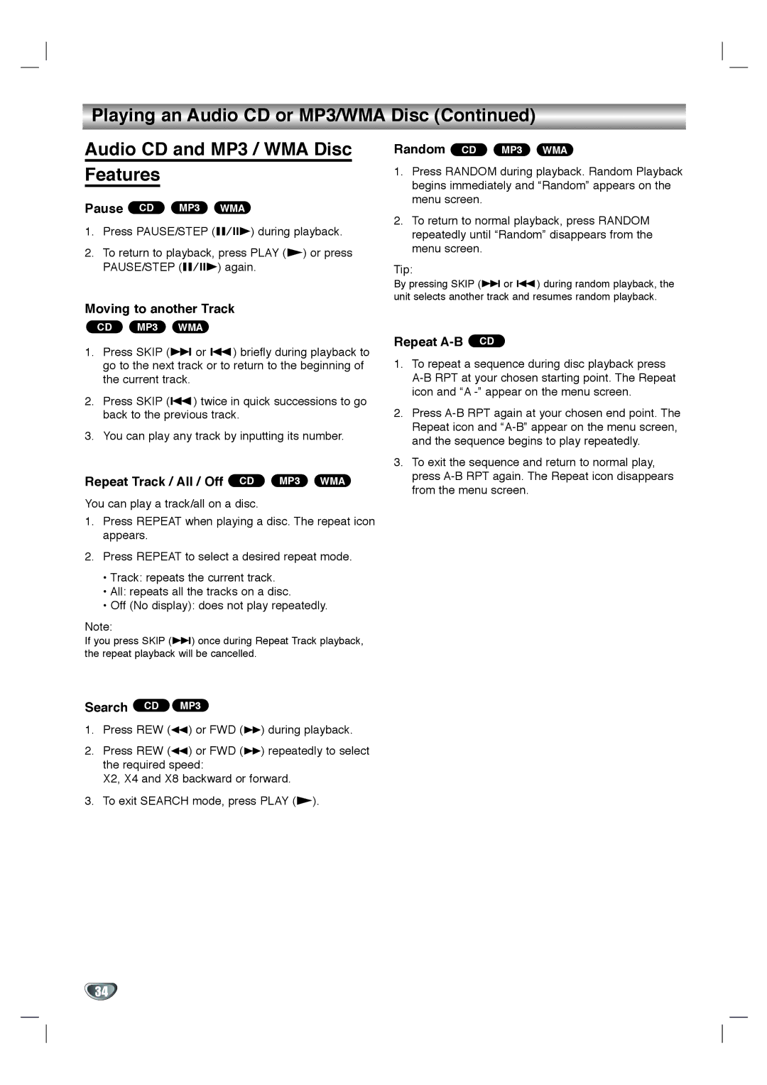 Toshiba SD-KV540SU owner manual Moving to another Track, Repeat Track / All / Off CD MP3 WMA, Repeat A-B CD, Search CD MP3 