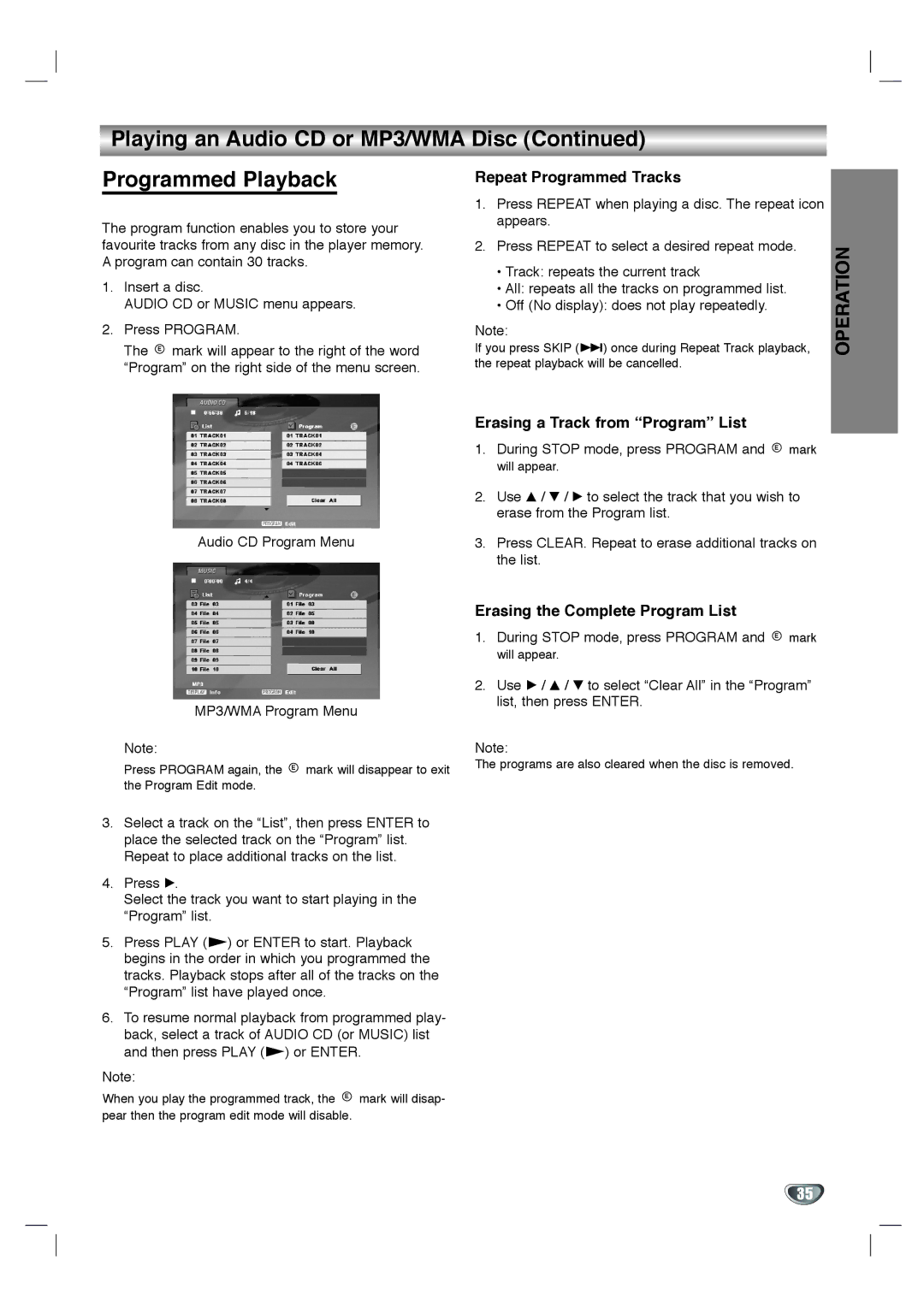 Toshiba SD-KV540SU owner manual Playing an Audio CD or MP3/WMA Disc Programmed Playback, Repeat Programmed Tracks 