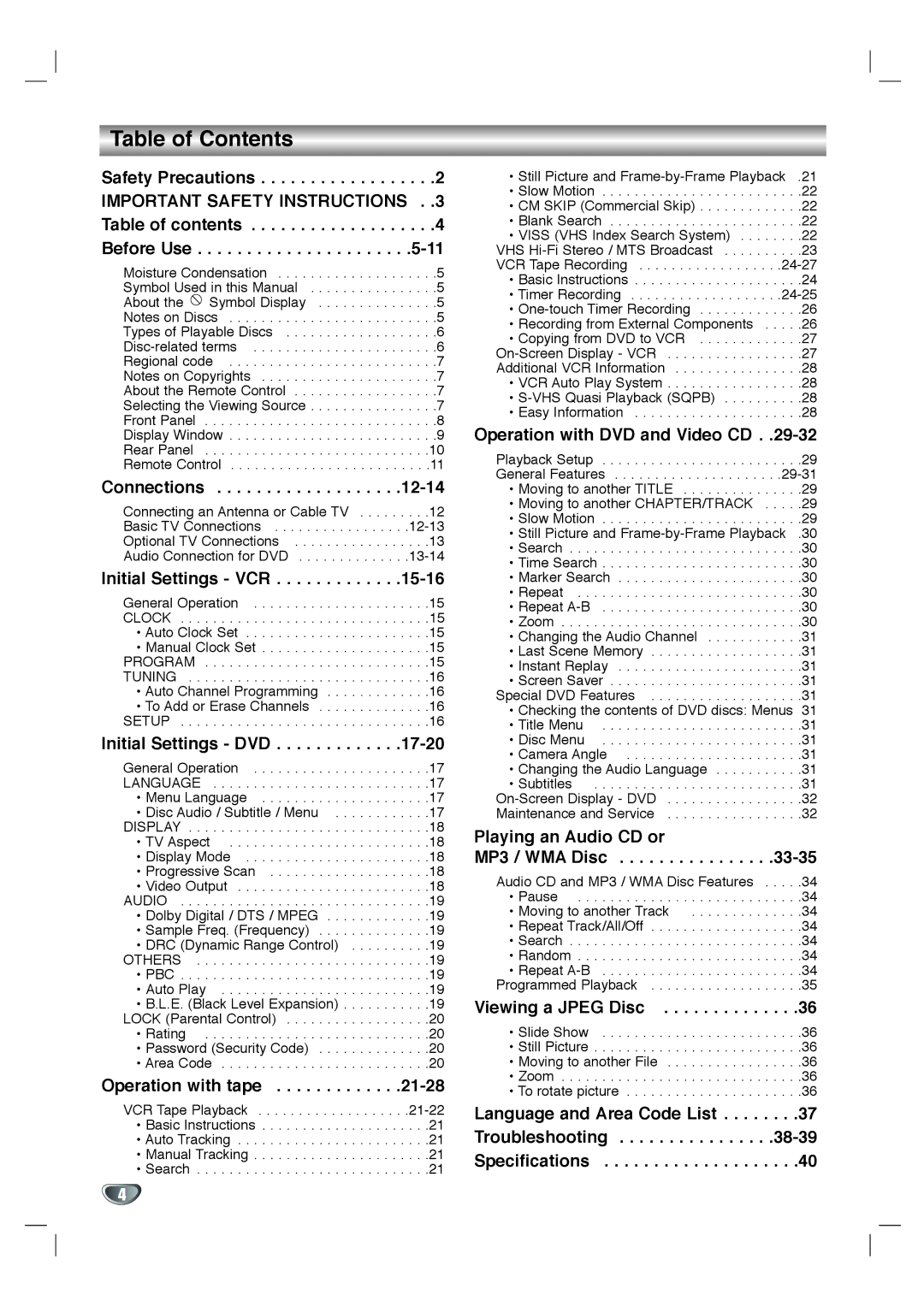 Toshiba SD-KV540SU owner manual Table of Contents 