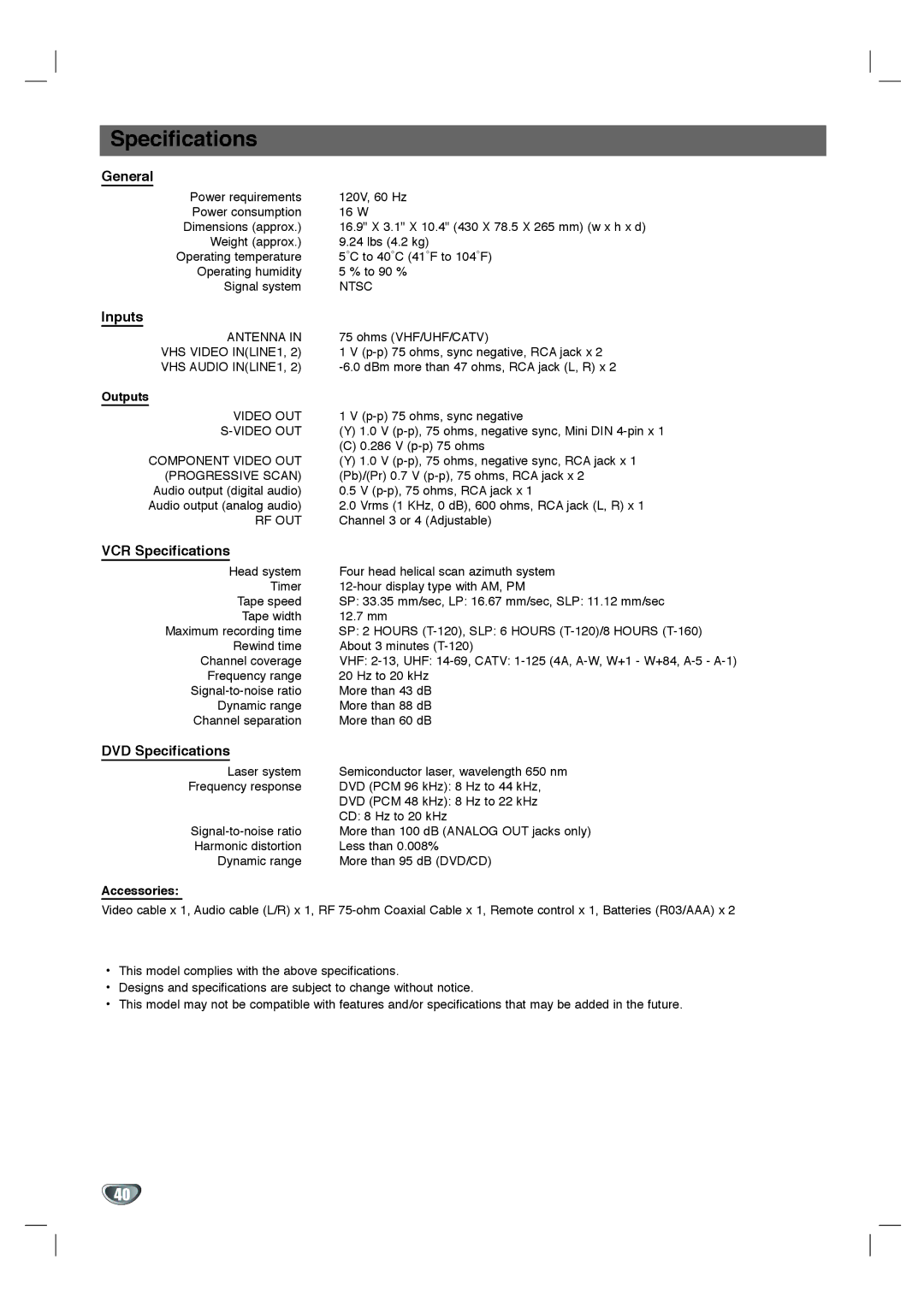 Toshiba SD-KV540SU owner manual General, Inputs, VCR Specifications, DVD Specifications 