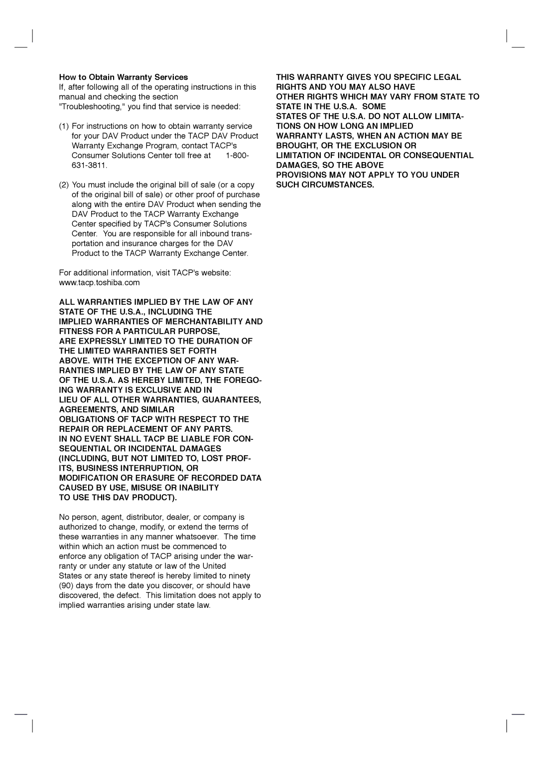 Toshiba SD-KV540SU owner manual How to Obtain Warranty Services 