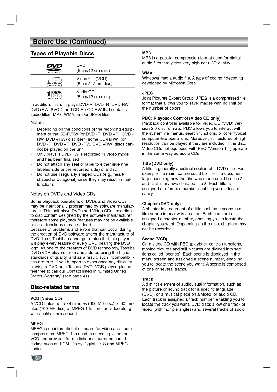 Toshiba SD-KV540SU owner manual Types of Playable Discs, Disc-related terms 