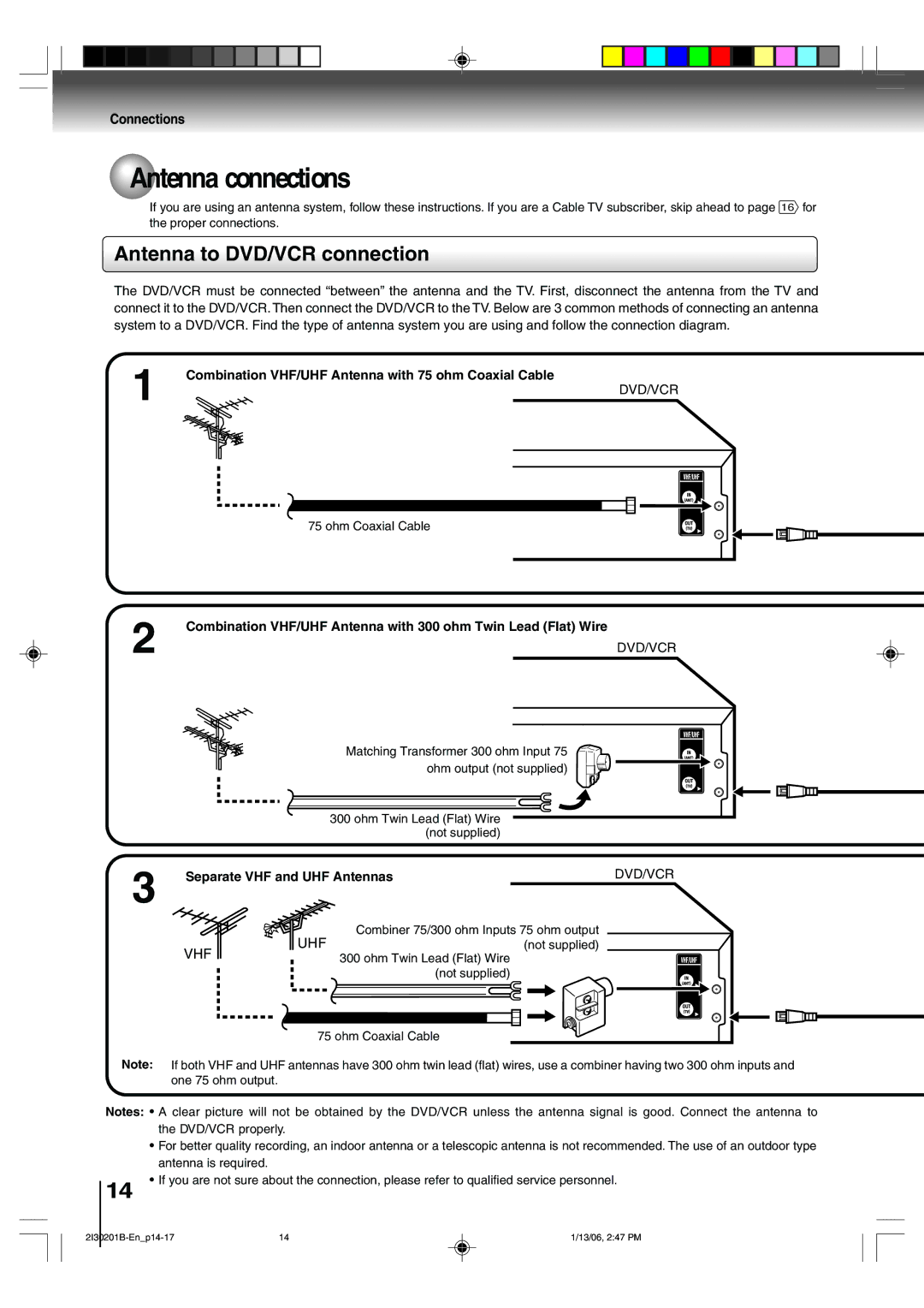 Toshiba SD-KV550SU owner manual Antenna connections, Antenna to DVD/VCR connection, Connections, Dvd/Vcr 