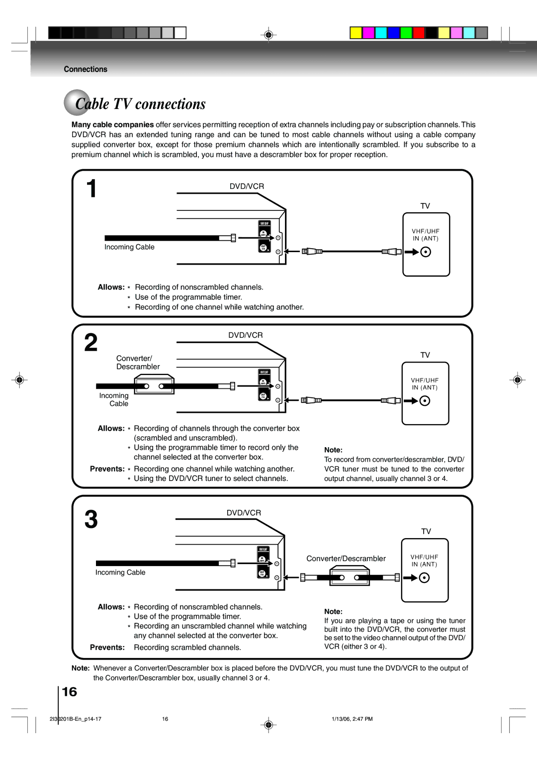 Toshiba SD-KV550SU owner manual Cable TV connections, Converter/Descrambler 