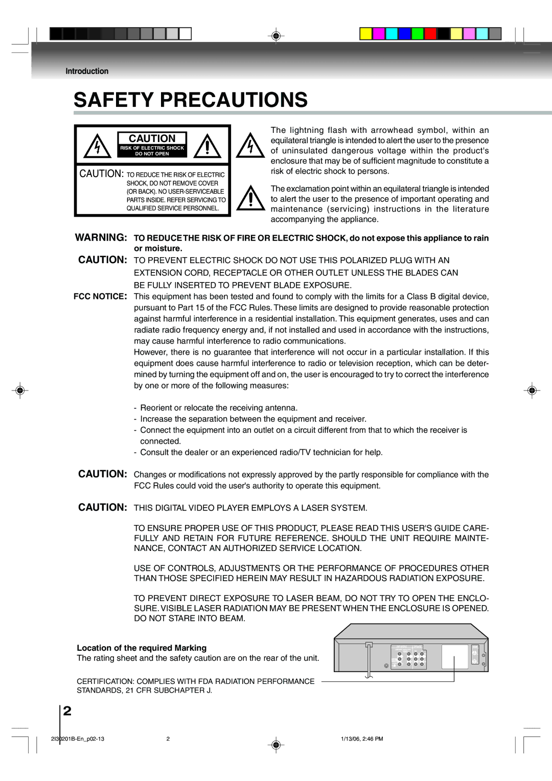 Toshiba SD-KV550SU owner manual Introduction, Location of the required Marking 