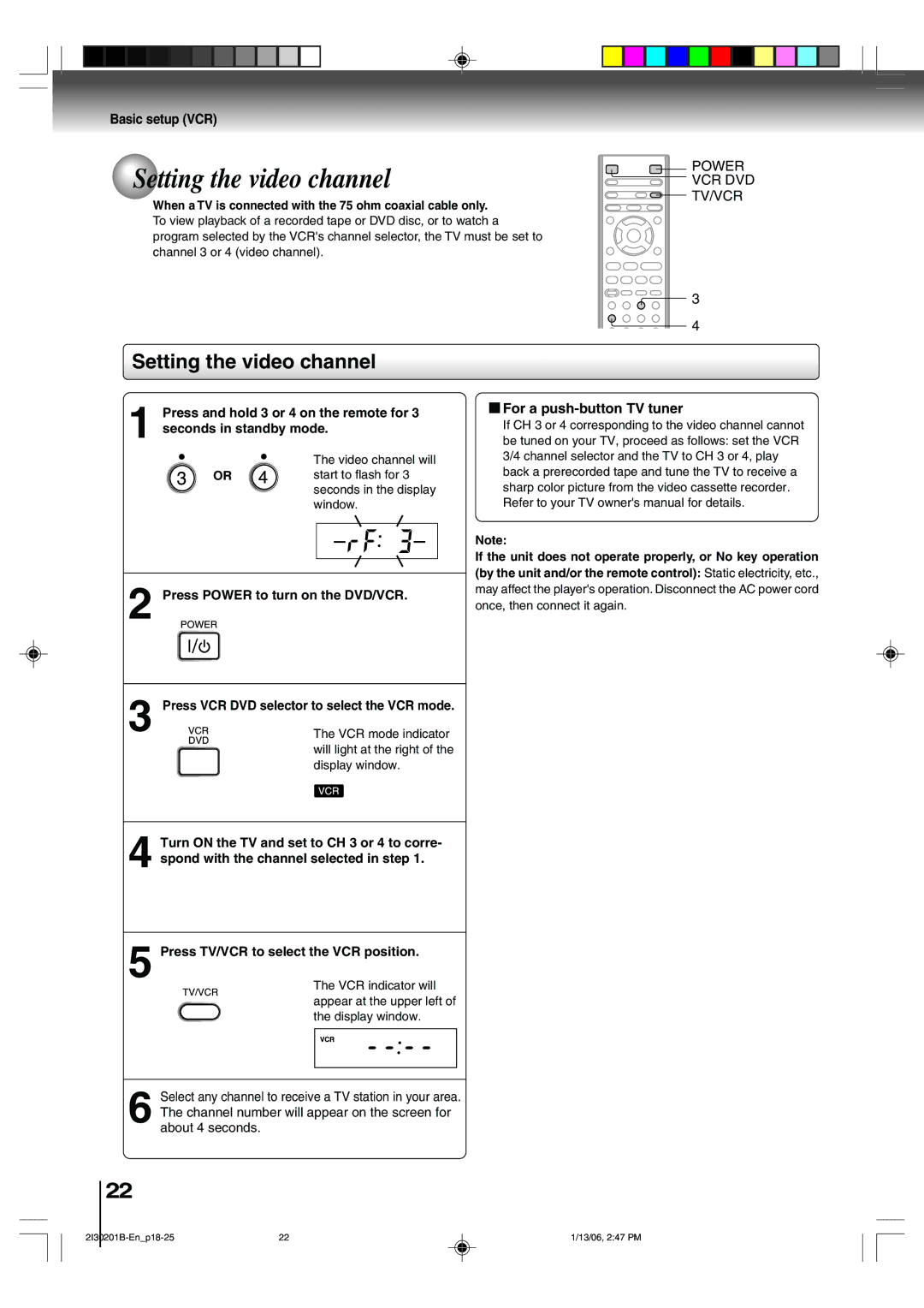 Toshiba SD-KV550SU owner manual Setting the video channel, Basic setup VCR, For a push-button TV tuner 