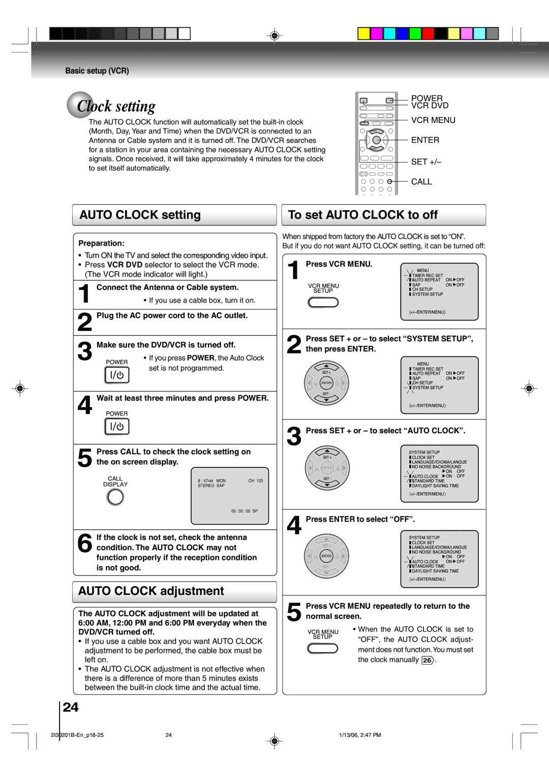 Toshiba SD-KV550SU owner manual Clock setting, To set Auto Clock to off, Auto Clock adjustment 