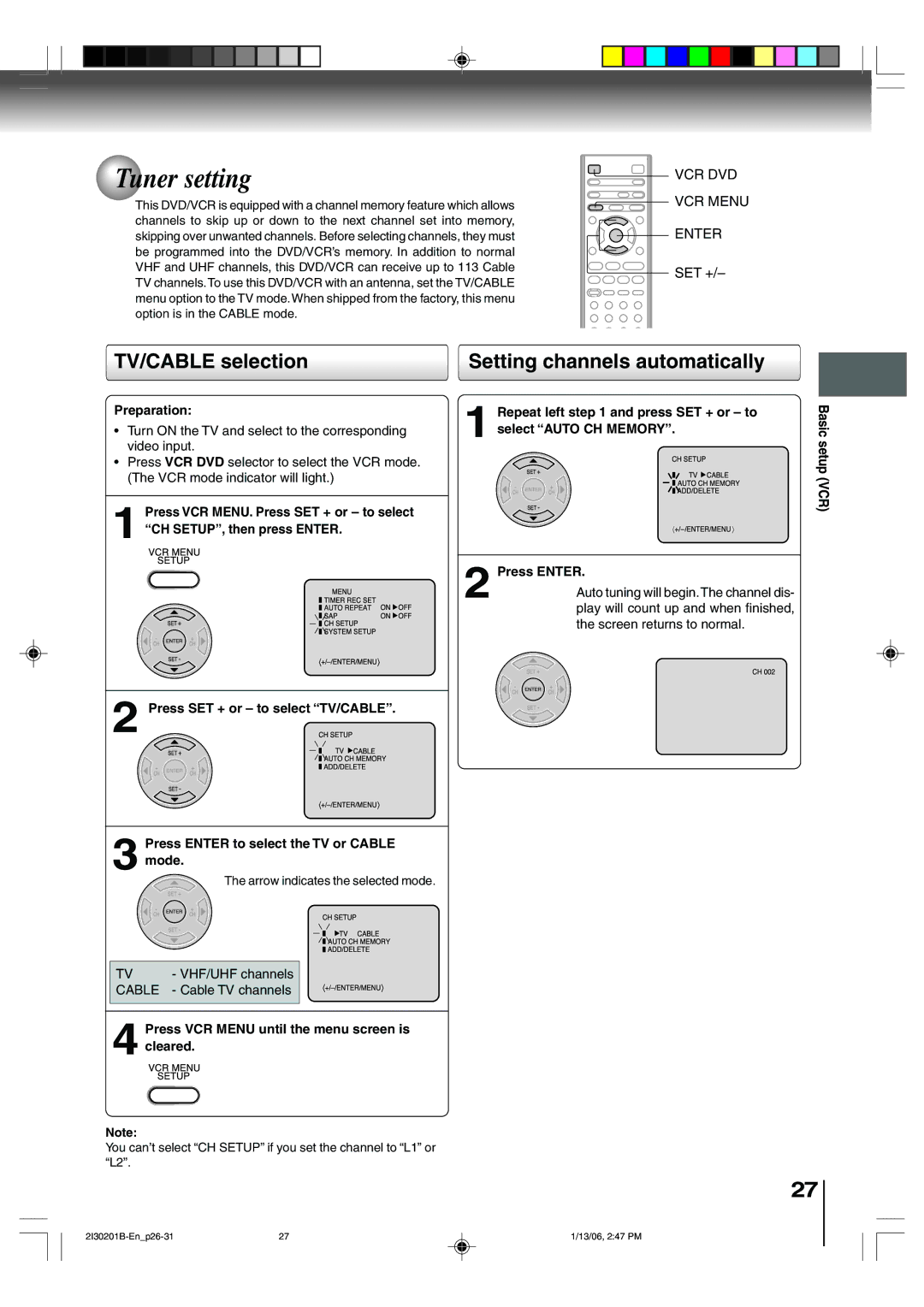 Toshiba SD-KV550SU owner manual Tuner setting, TV/CABLE selection, Setting channels automatically, Vcr 