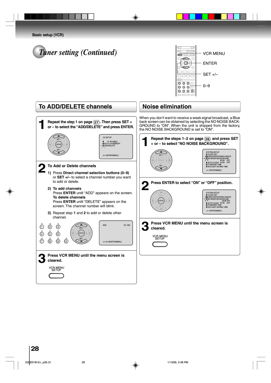 Toshiba SD-KV550SU To ADD/DELETE channels, Noise elimination, To delete channels, + or to select no Noise Background 