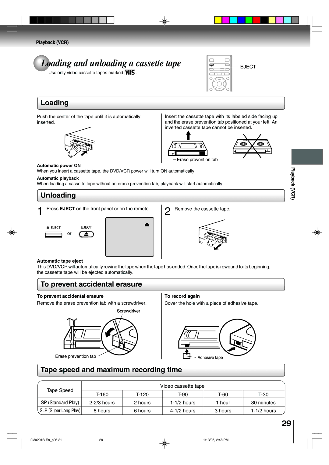 Toshiba SD-KV550SU owner manual Loading and unloading a cassette tape, Unloading, To prevent accidental erasure 