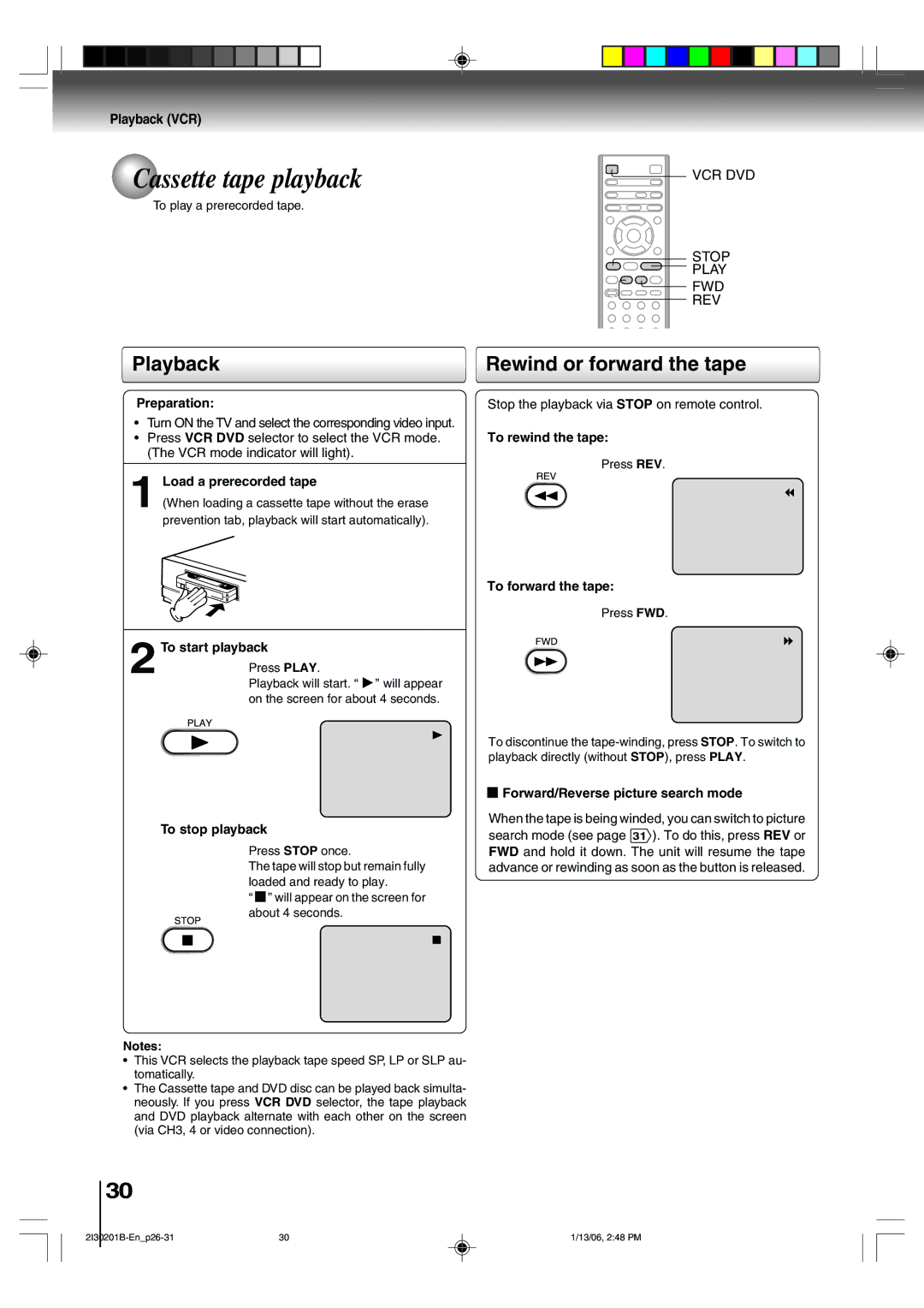 Toshiba SD-KV550SU owner manual Cassette tape playback, Playback, Rewind or forward the tape 