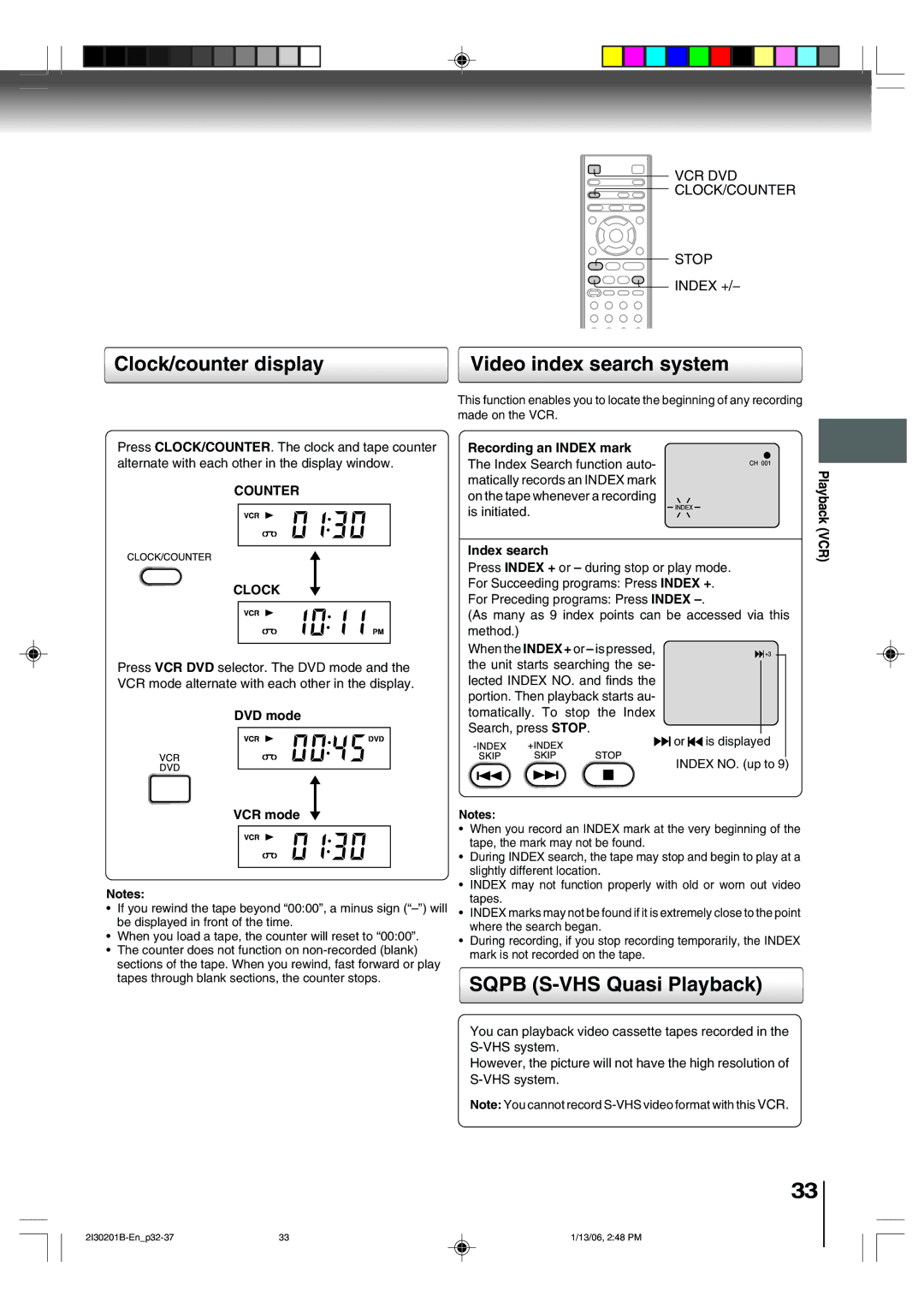 Toshiba SD-KV550SU owner manual Clock/counter display Video index search system, Sqpb S-VHS Quasi Playback, Counter Clock 