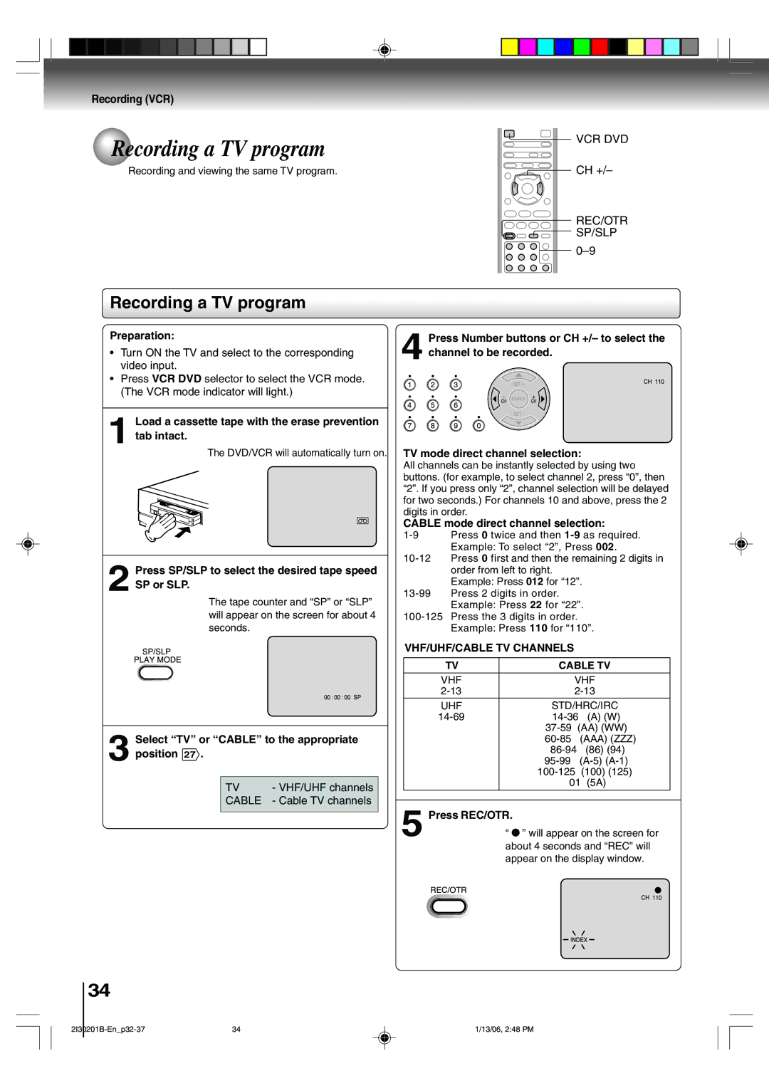 Toshiba SD-KV550SU owner manual Recording a TV program, Recording VCR, VHF/UHF/CABLE TV Channels Cable TV 