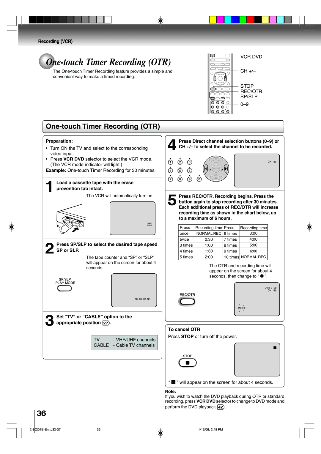 Toshiba SD-KV550SU One-touch Timer Recording OTR, Set TV or Cable option to, Appropriate position, To cancel OTR 