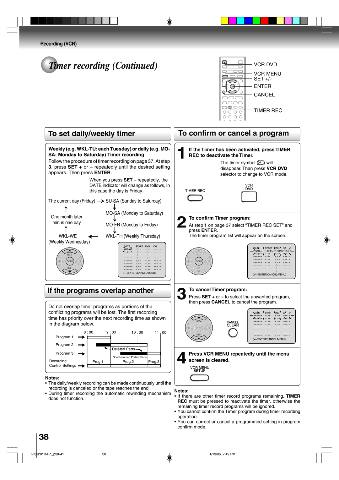 Toshiba SD-KV550SU owner manual To confirm or cancel a program, If the programs overlap another, To confirm Timer program 