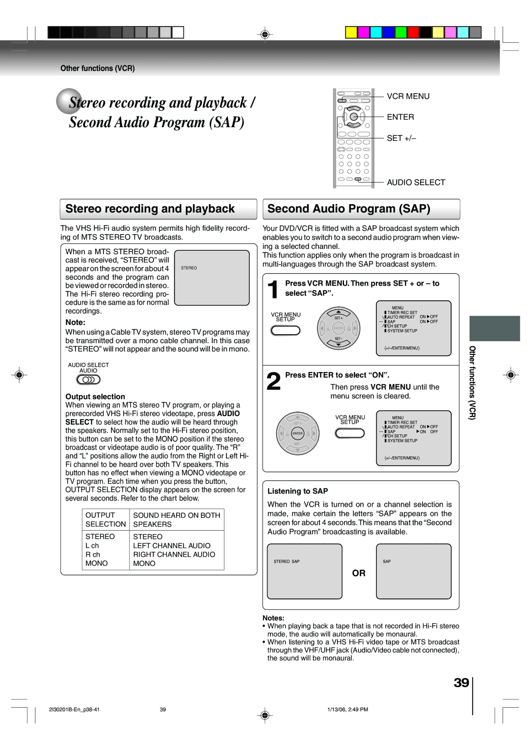 Toshiba SD-KV550SU Stereo recording and playback Second Audio Program SAP, Other functions VCR, Output selection 