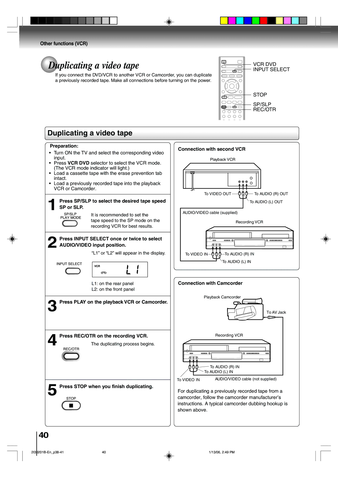 Toshiba SD-KV550SU owner manual Duplicating a video tape, Connection with second VCR, Press REC/OTR on the recording VCR 