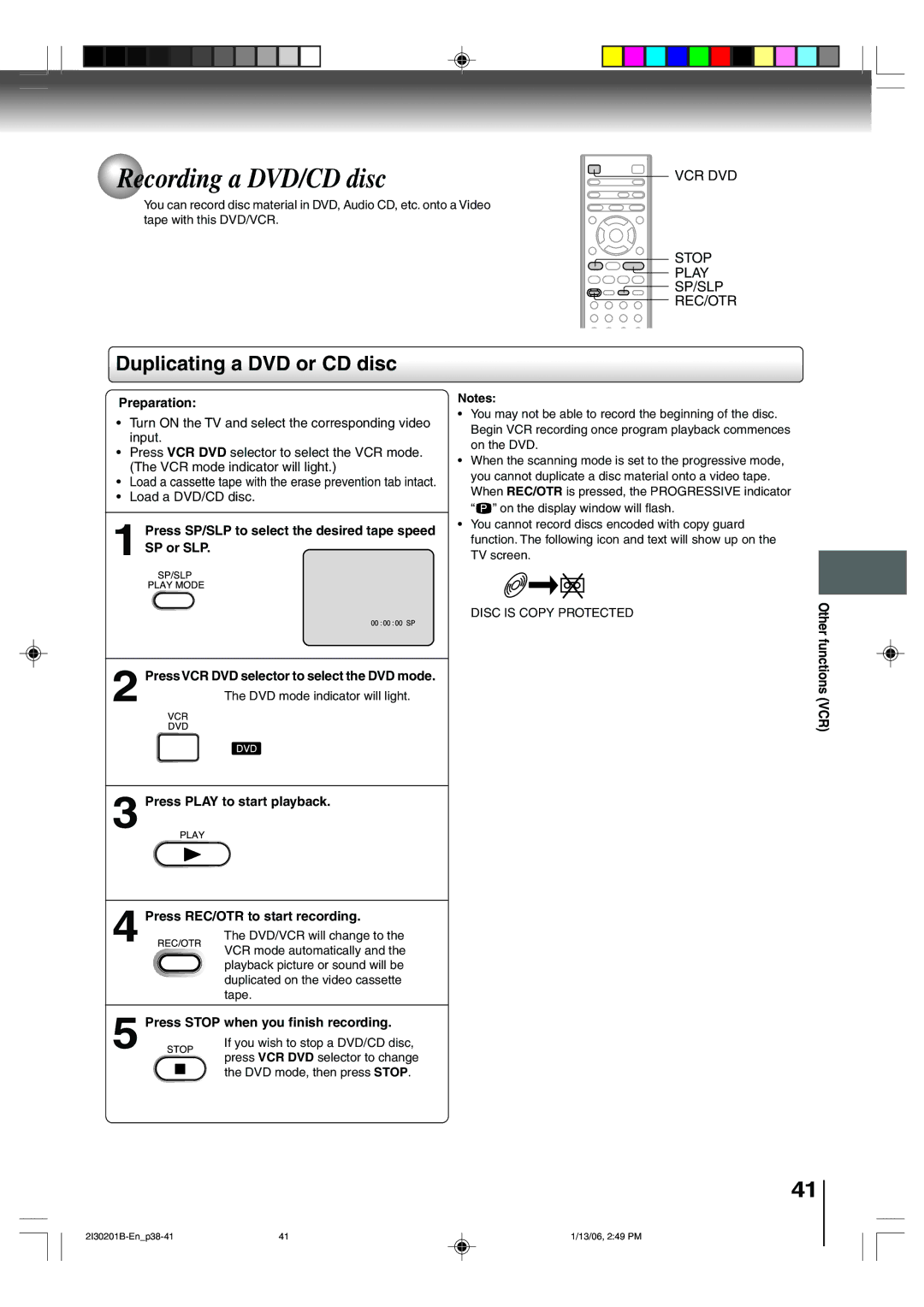 Toshiba SD-KV550SU owner manual Recording a DVD/CD disc, Duplicating a DVD or CD disc, Press Stop when you finish recording 