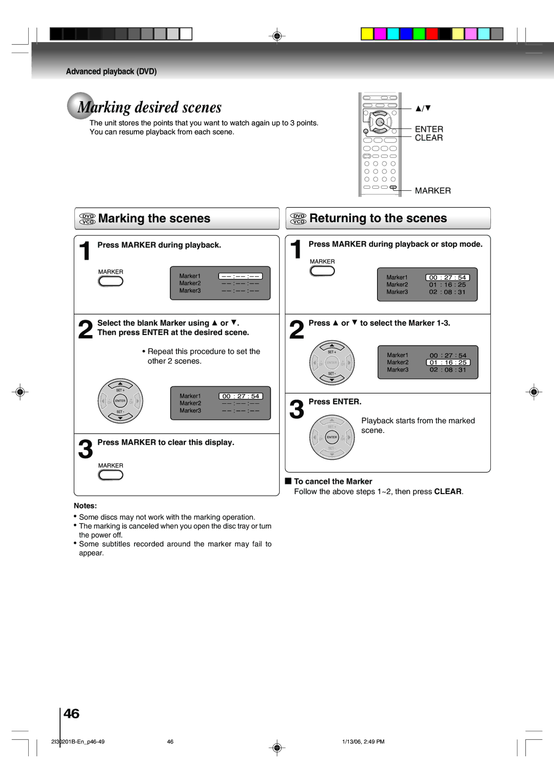 Toshiba SD-KV550SU owner manual Marking desired scenes, DVD Marking the scenes, Vcddvd Returning to the scenes 