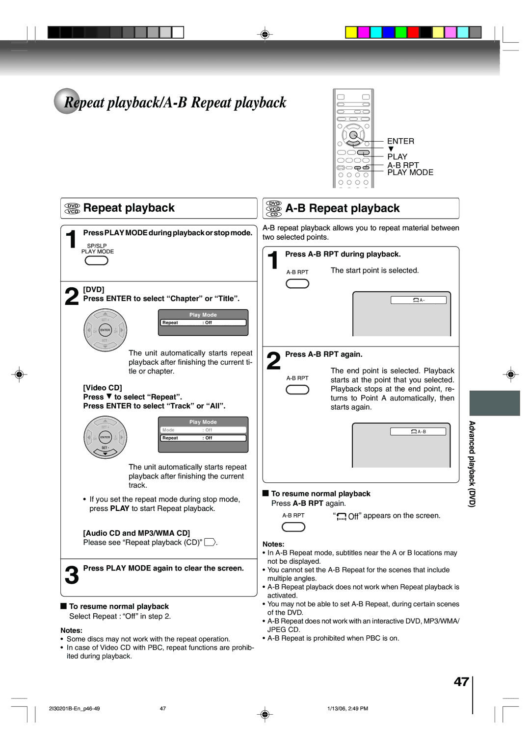 Toshiba SD-KV550SU owner manual Repeat playback/A-B Repeat playback, Vcddvd Repeat playback, VCD A-B Repeat playback 