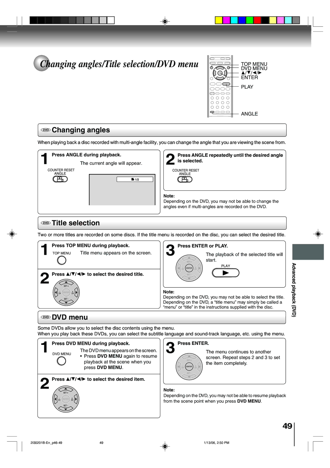 Toshiba SD-KV550SU Changing angles/Title selection/DVD menu, DVD Changing angles, DVD Title selection, DVD DVD menu 