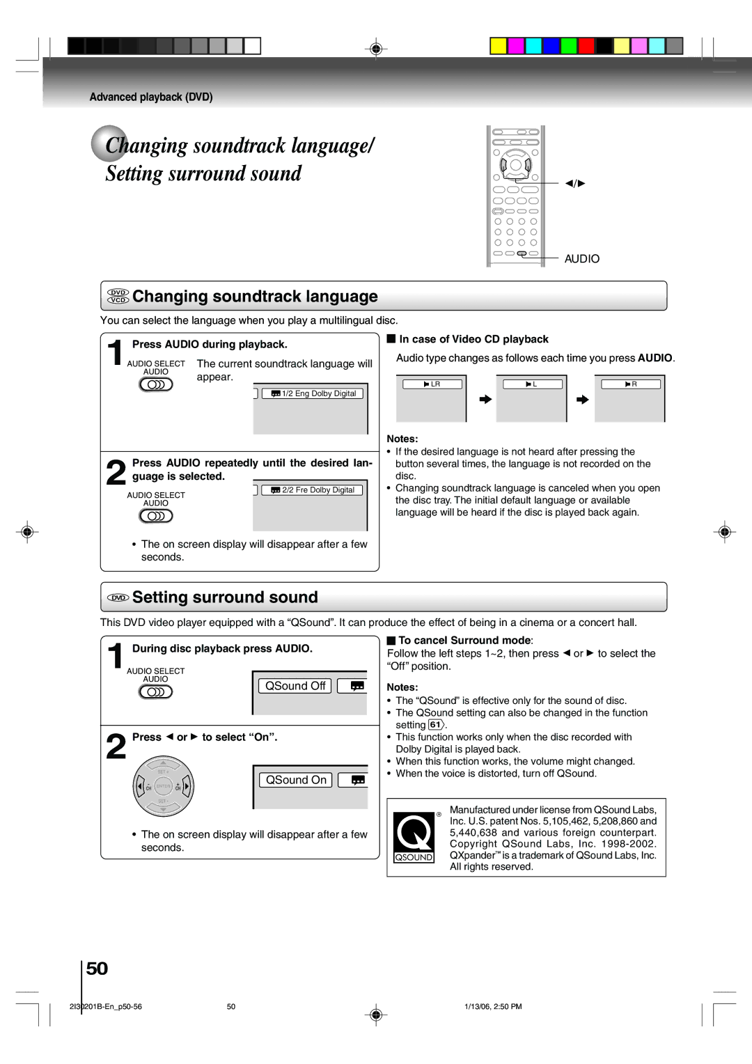 Toshiba SD-KV550SU owner manual Changing soundtrack language Setting surround sound, DVD Changing soundtrack language 