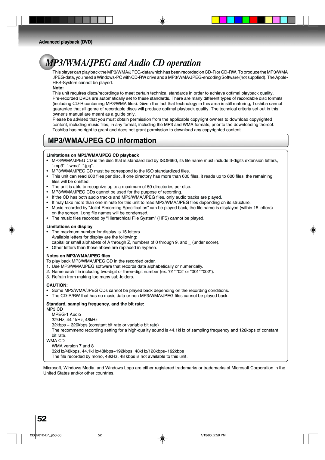 Toshiba SD-KV550SU owner manual MP3/WMA/JPEG and Audio CD operation, MP3/WMA/JPEG CD information, Limitations on display 