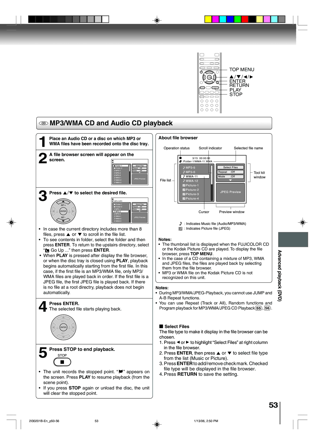 Toshiba SD-KV550SU CD MP3/WMA CD and Audio CD playback, Press Stop to end playback, File browser screen will appear on 