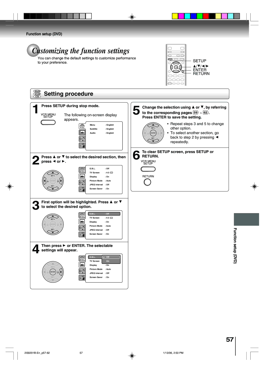 Toshiba SD-KV550SU owner manual Customizing the function settings, VCD Setting procedure, Function setup DVD, Return 