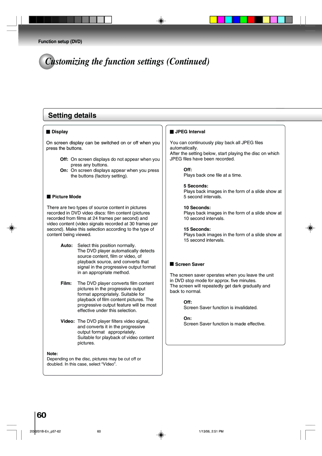 Toshiba SD-KV550SU owner manual Display, Picture Mode, Jpeg Interval, Off, Seconds, Screen Saver 