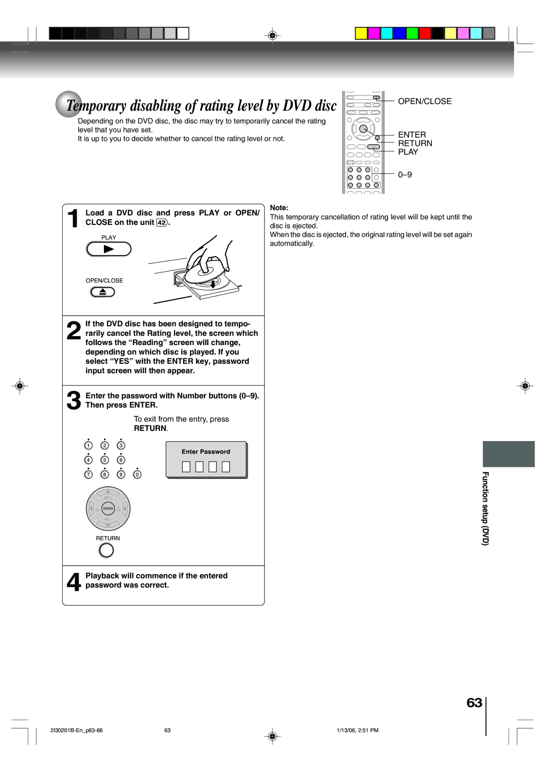 Toshiba SD-KV550SU Temporary disabling of rating level by DVD disc, Load a DVD disc and press Play or Open, Automatically 