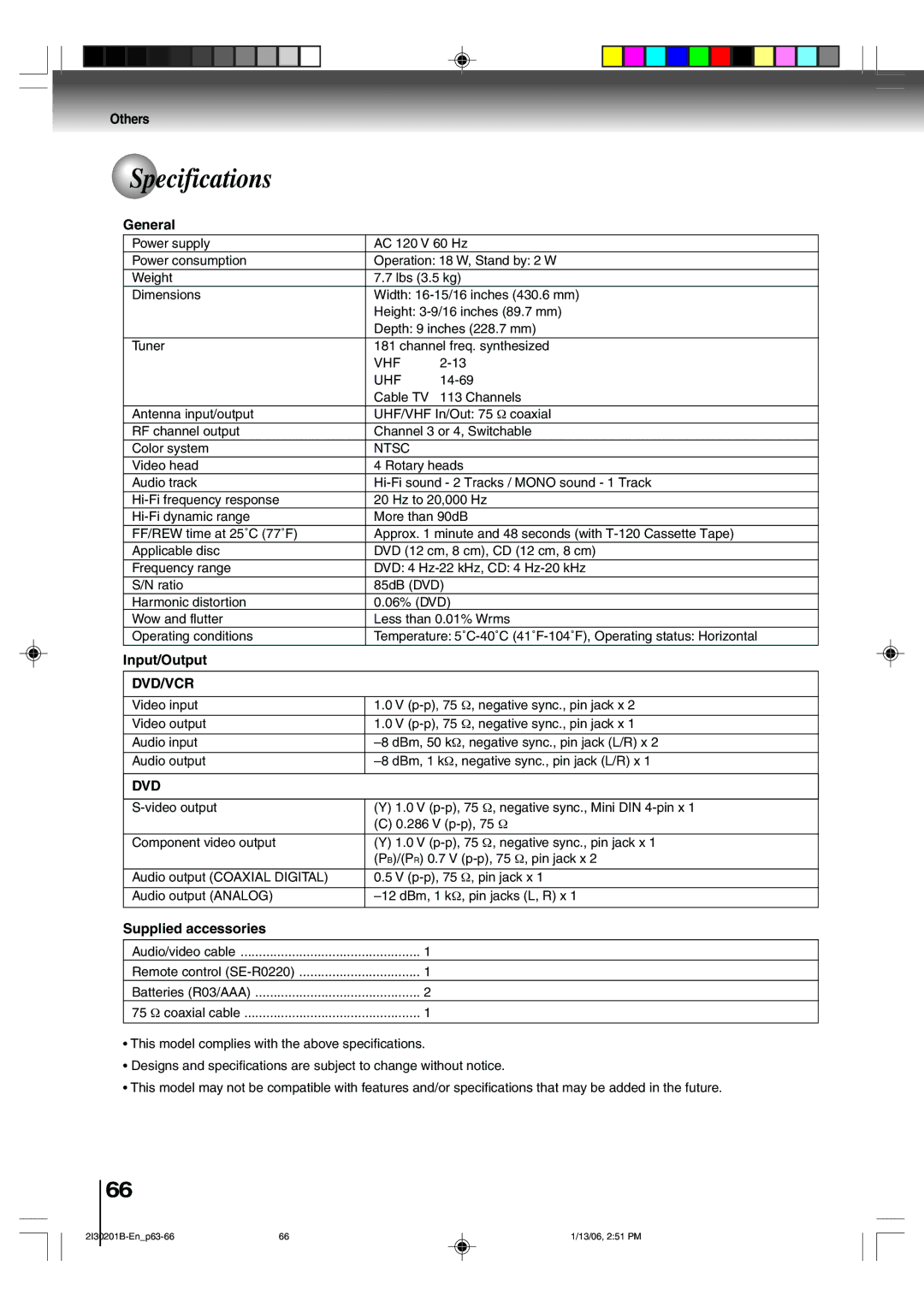 Toshiba SD-KV550SU owner manual Specifications, General, Input/Output, Supplied accessories, 14-69 