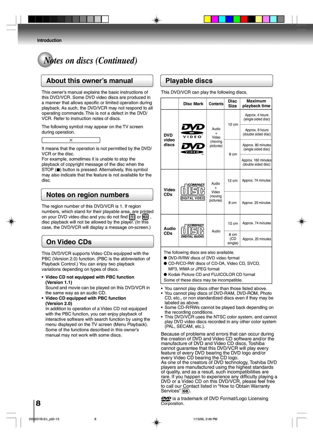 Toshiba SD-KV550SU owner manual On Video CDs, Playable discs, Dvd 