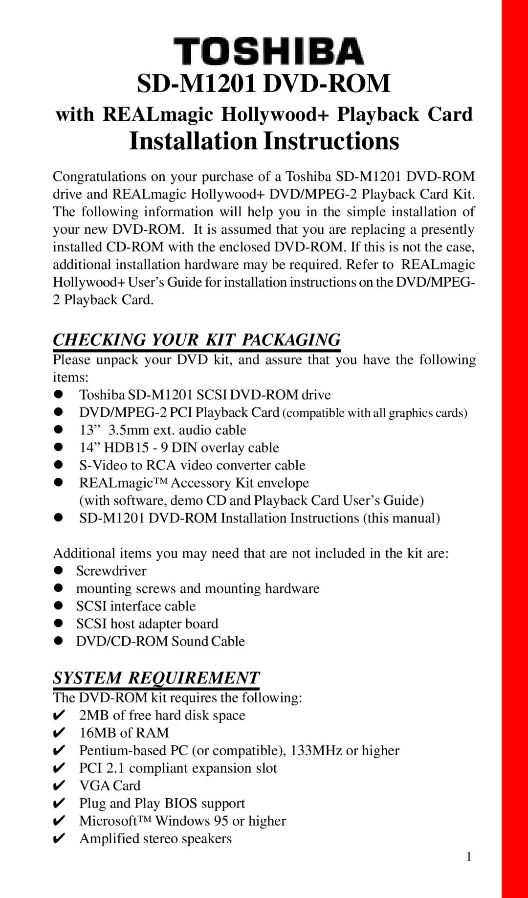 Toshiba SD-M1201 installation instructions Checking Your KIT Packaging, System Requirement 