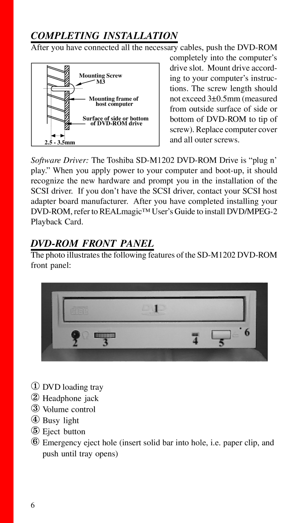 Toshiba SD-M1201 installation instructions Completing Installation, DVD-ROM Front Panel 