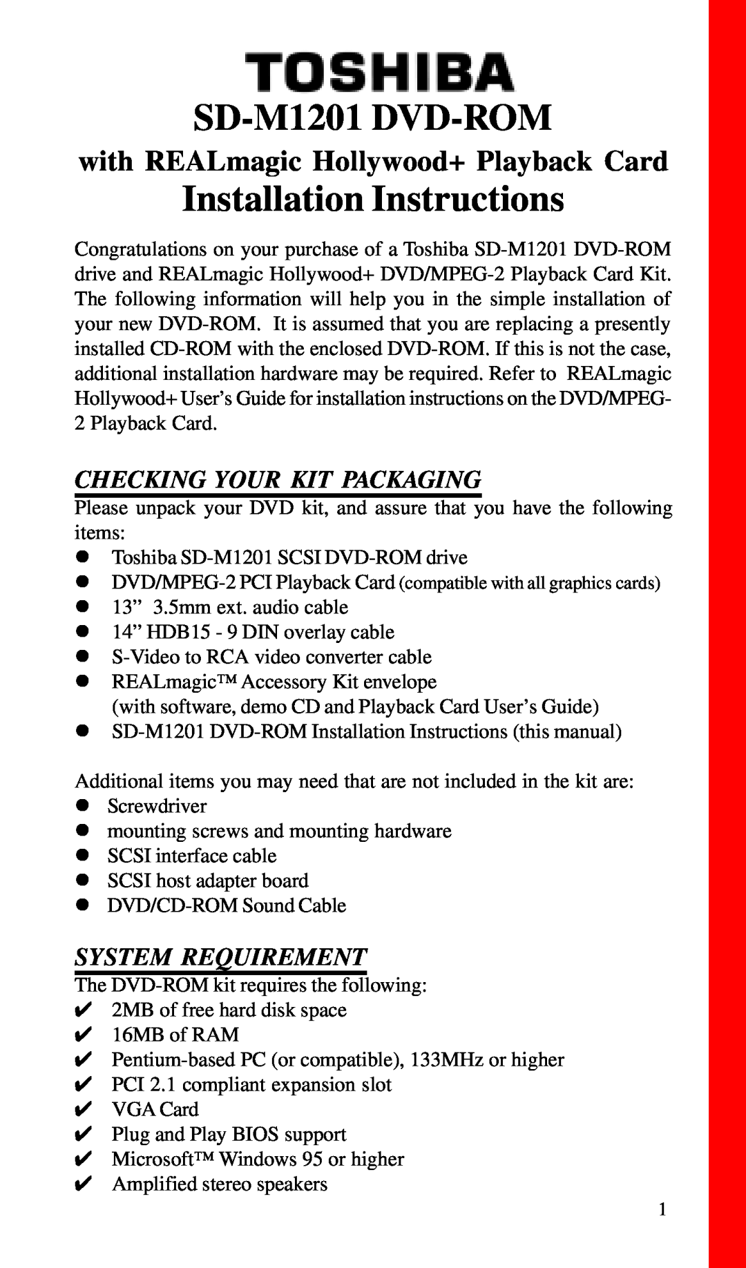 Toshiba installation instructions Checking Your Kit Packaging, System Requirement, SD-M1201 DVD-ROM 