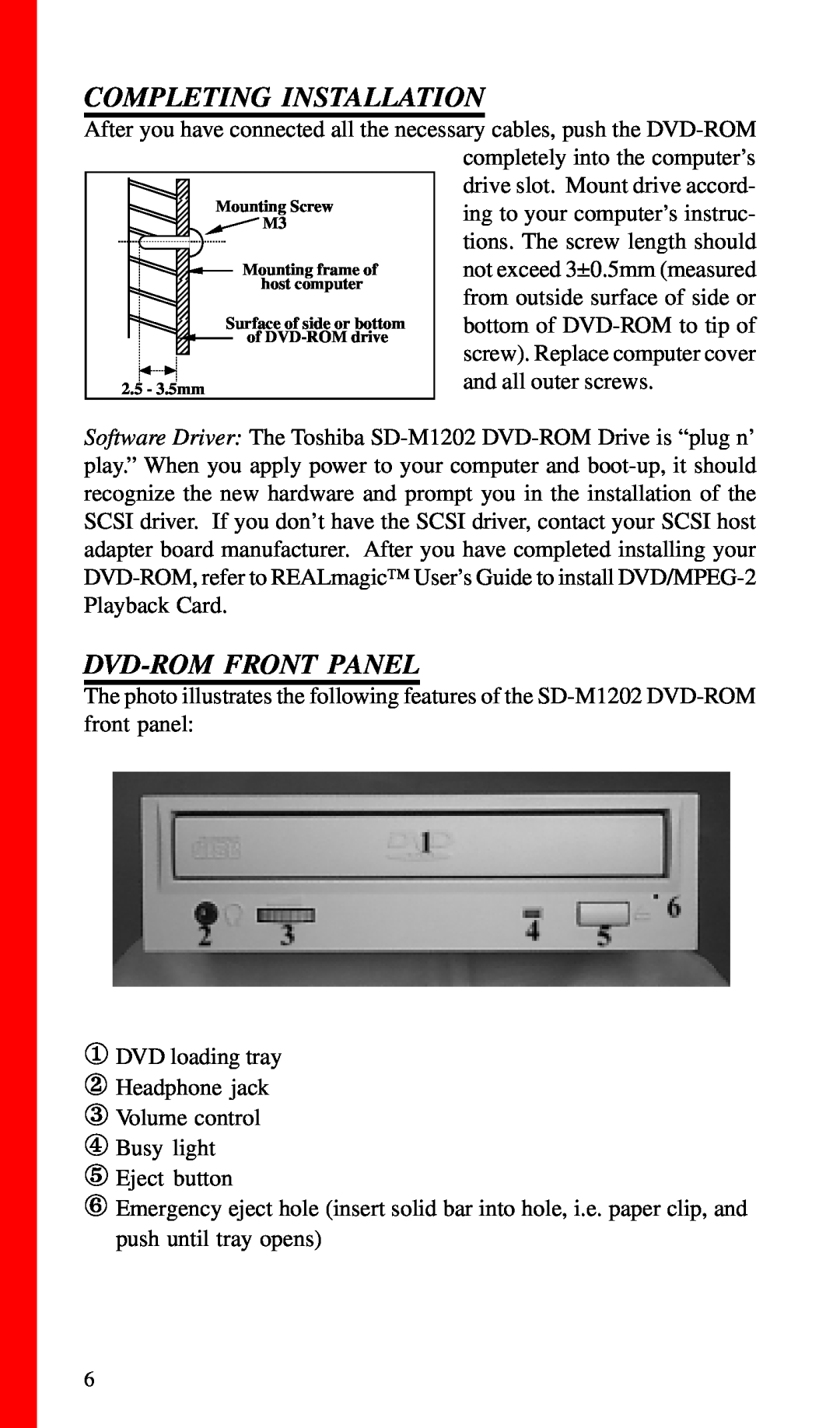 Toshiba SD-M1201 installation instructions Completing Installation, Dvd-Rom Front Panel 