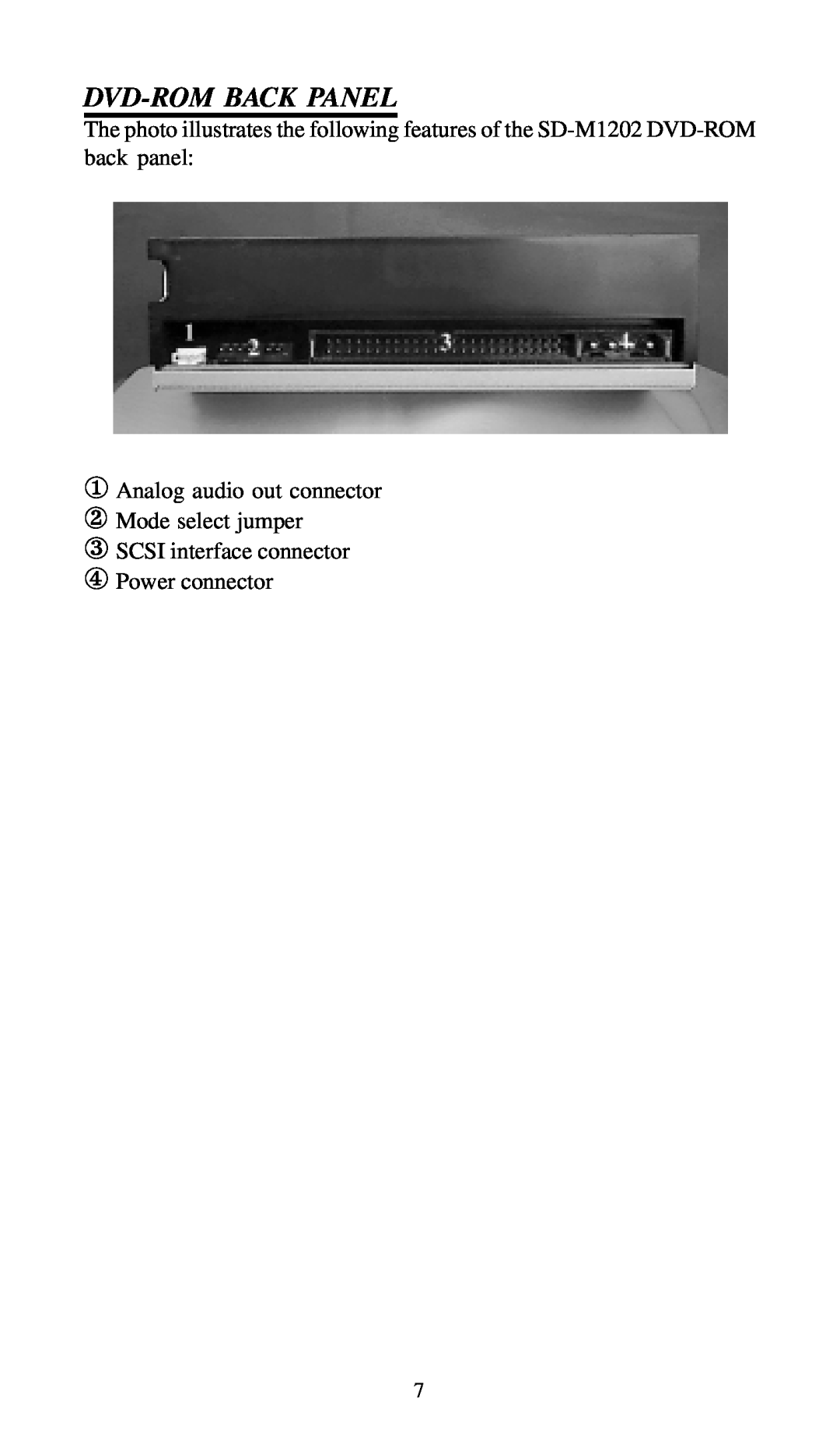 Toshiba SD-M1201 installation instructions Dvd-Rom Back Panel, ① Analog audio out connector ② Mode select jumper 