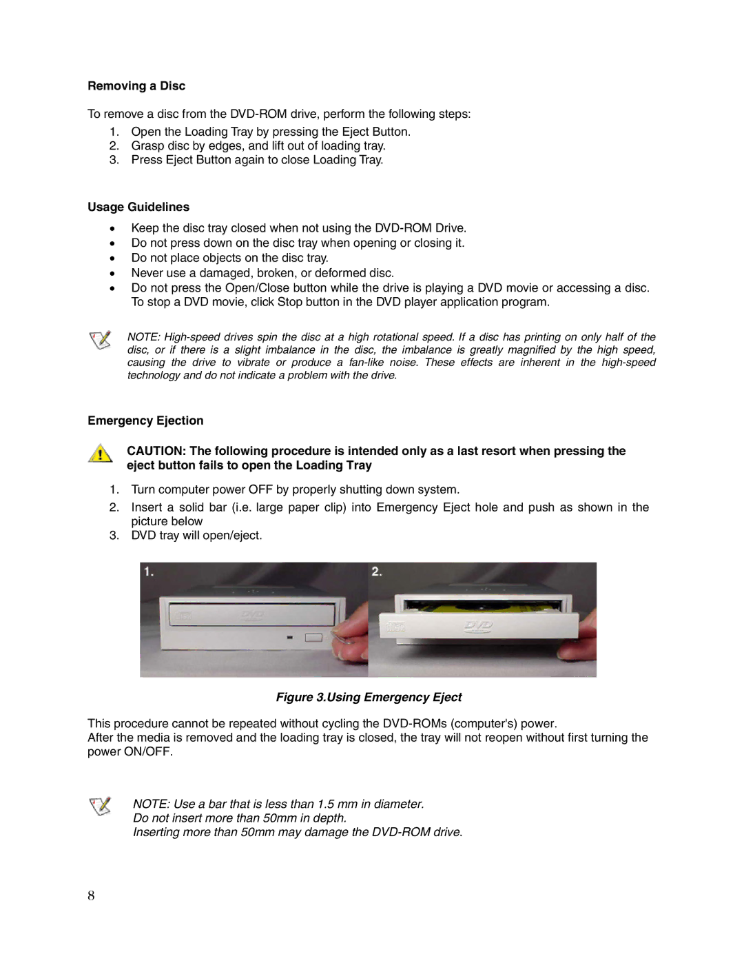 Toshiba SD-M1401 user manual Removing a Disc, Usage Guidelines, Emergency Ejection 