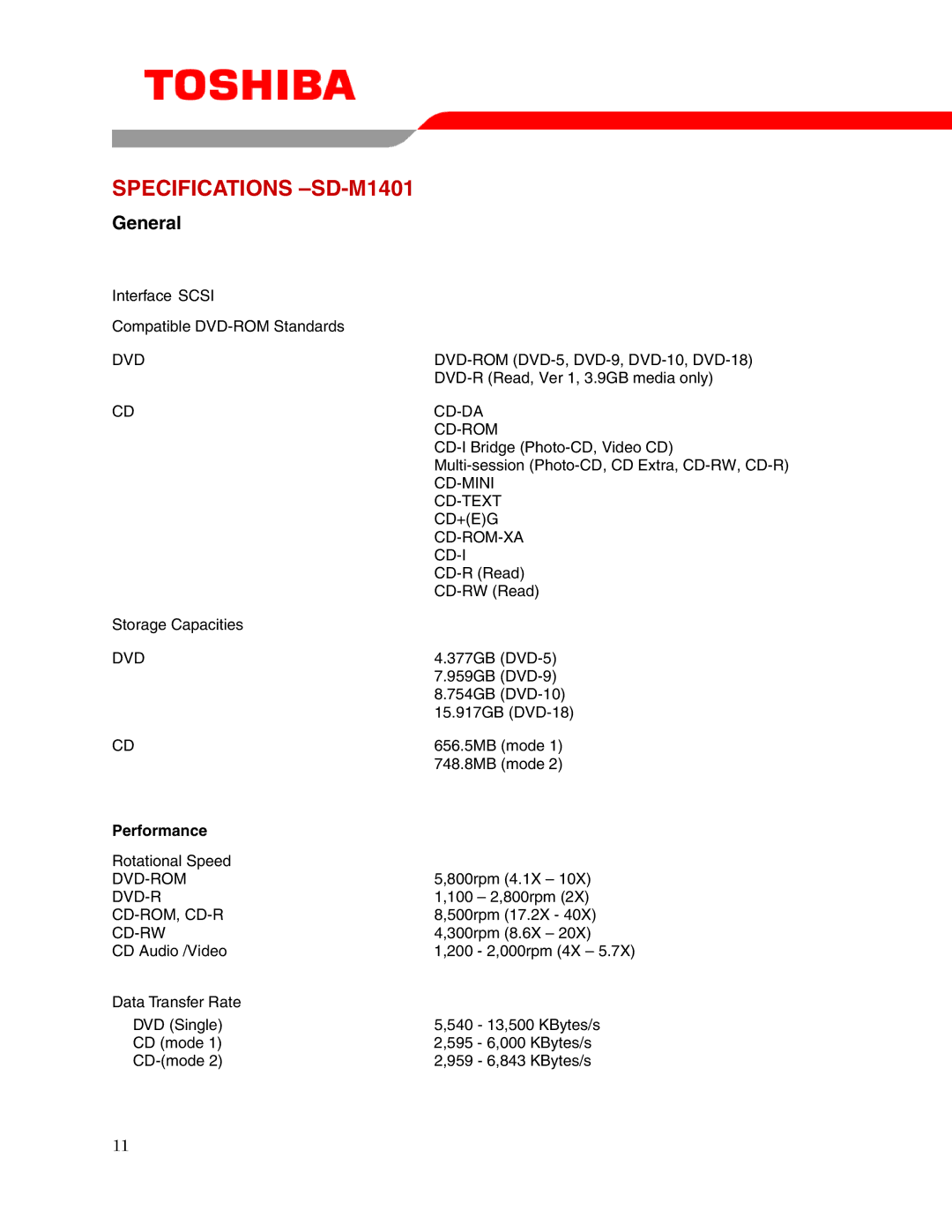 Toshiba user manual Specifications -SD-M1401, Performance, Dvd-Rom Cd-Rom, Cd-R Cd-Rw, Cd-Da Cd-Rom, Cd-Mini Cd-Text 