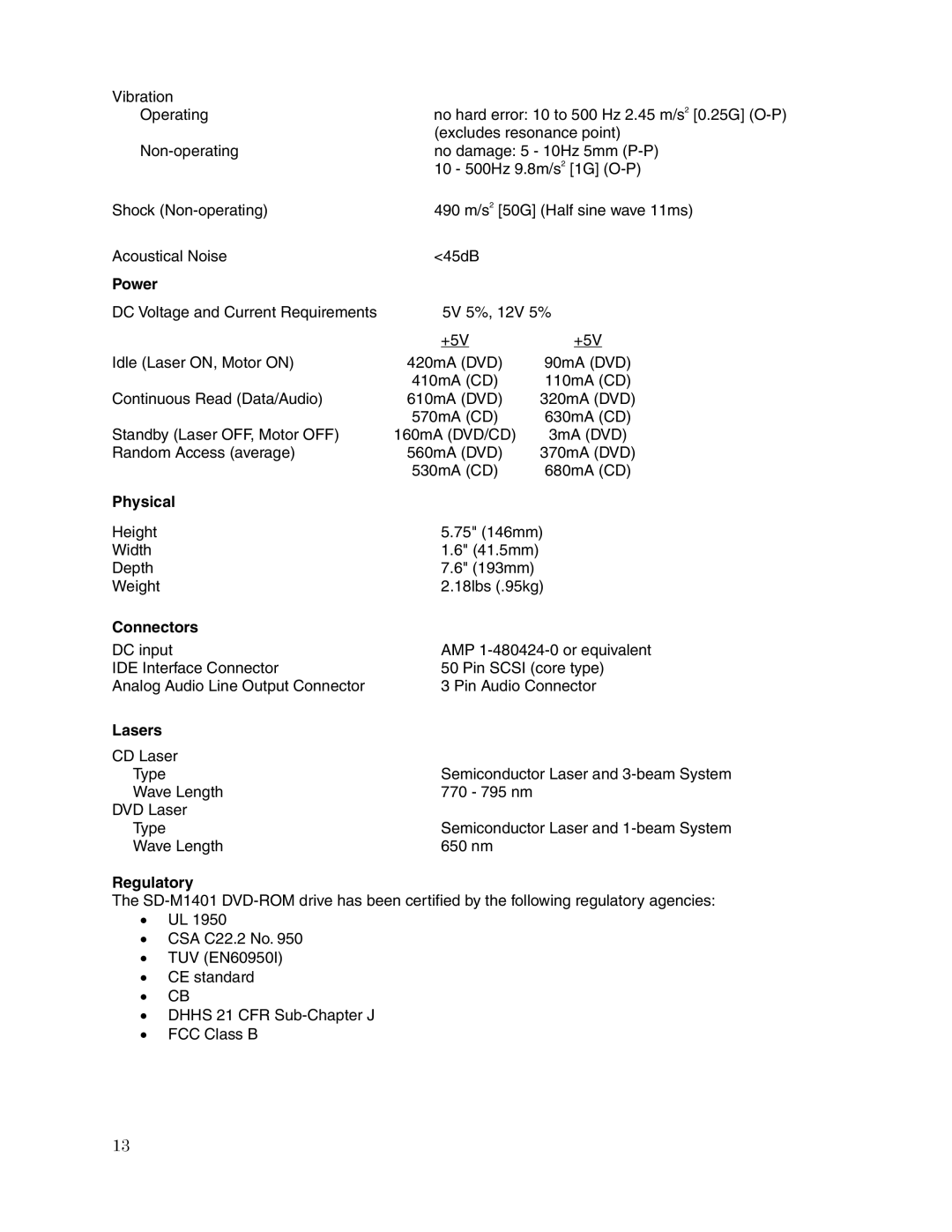 Toshiba SD-M1401 user manual Power, Physical, Connectors, Lasers, Regulatory 