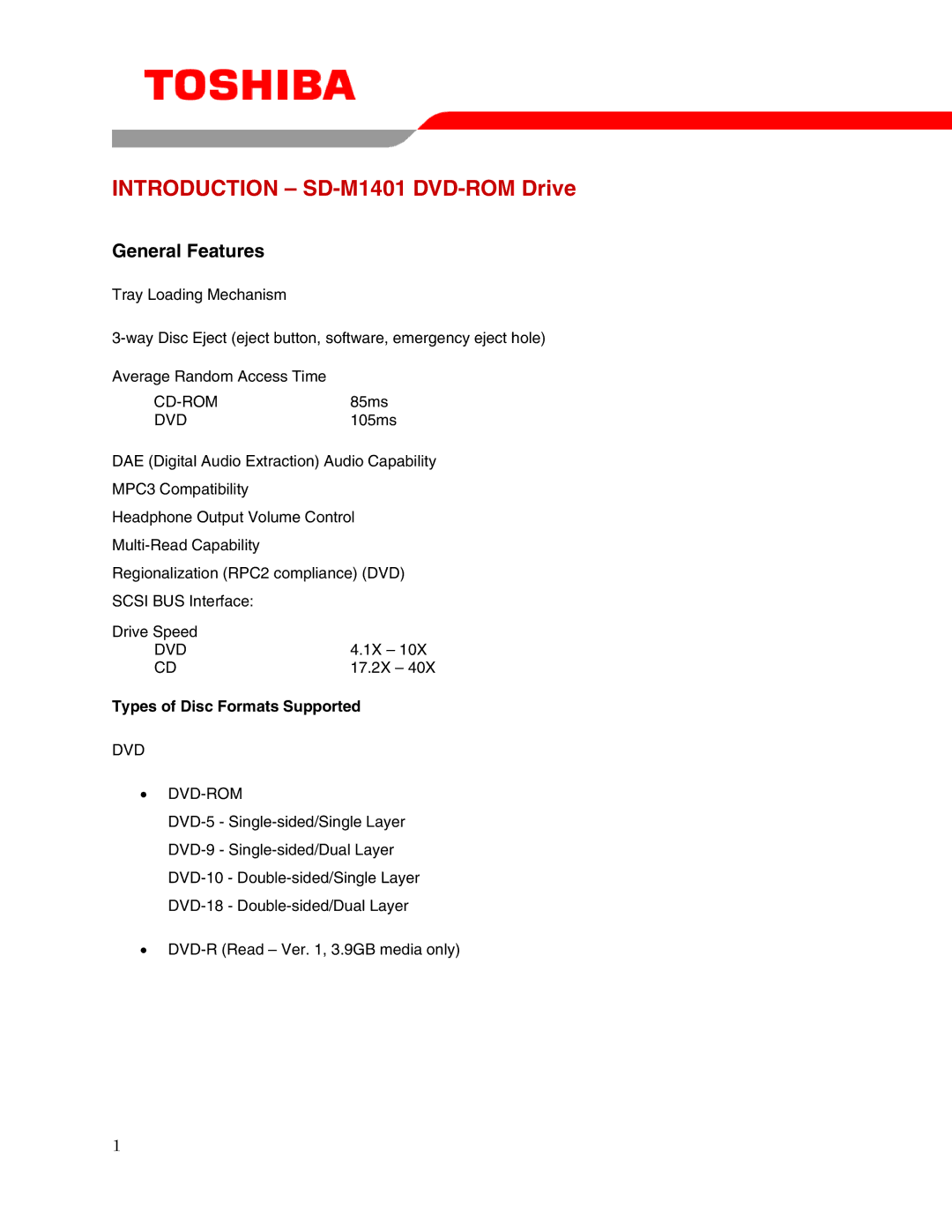 Toshiba SD-M1401 user manual Types of Disc Formats Supported, Dvd Dvd-Rom 