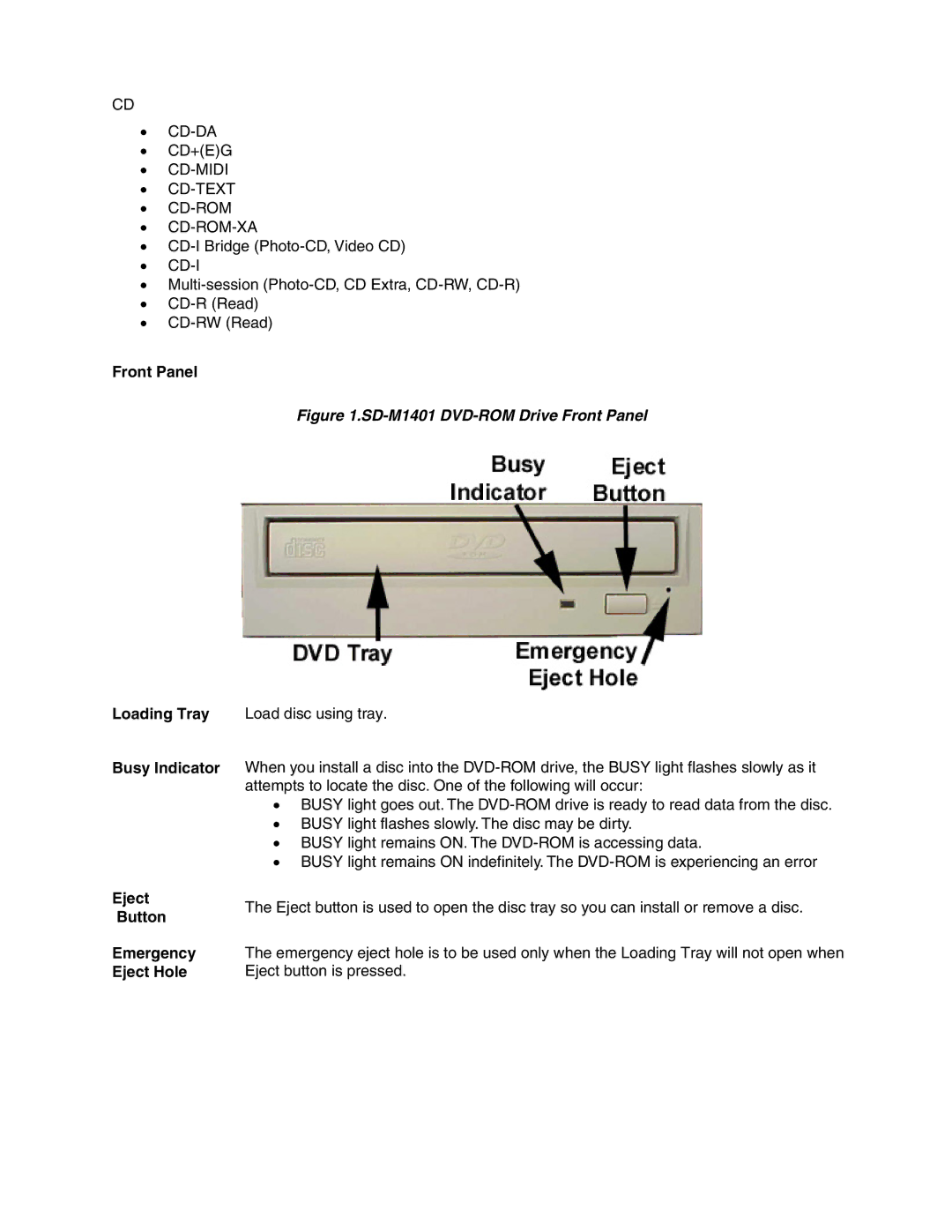 Toshiba SD-M1401 user manual Cd-Da, Cd-Midi Cd-Text Cd-Rom Cd-Rom-Xa, Front Panel, Eject Button Emergency Eject Hole 