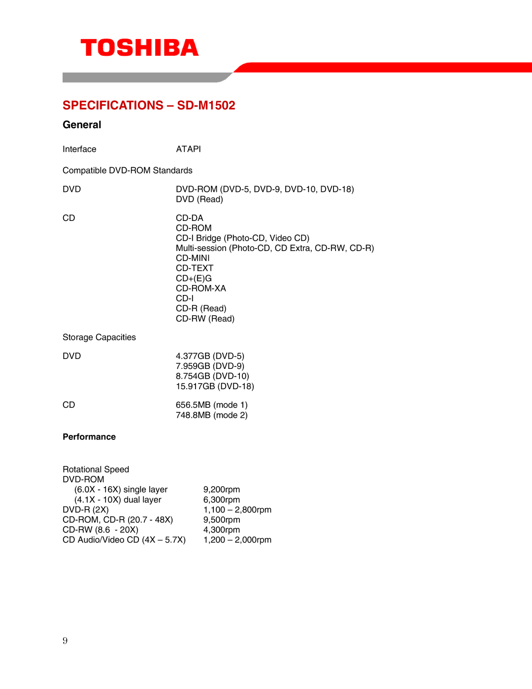 Toshiba user manual Specifications SD-M1502, Performance 