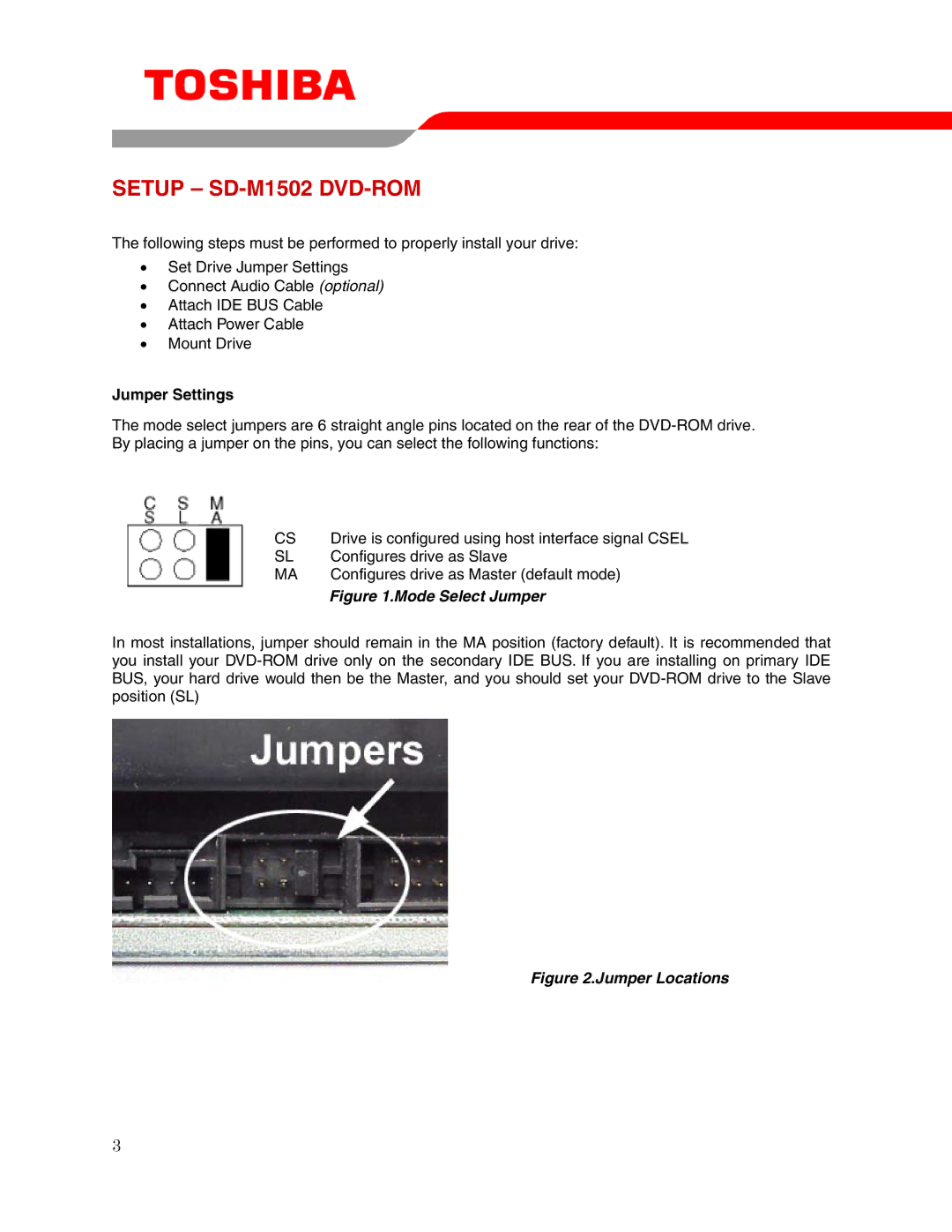 Toshiba user manual Setup SD-M1502 DVD-ROM, Jumper Settings 