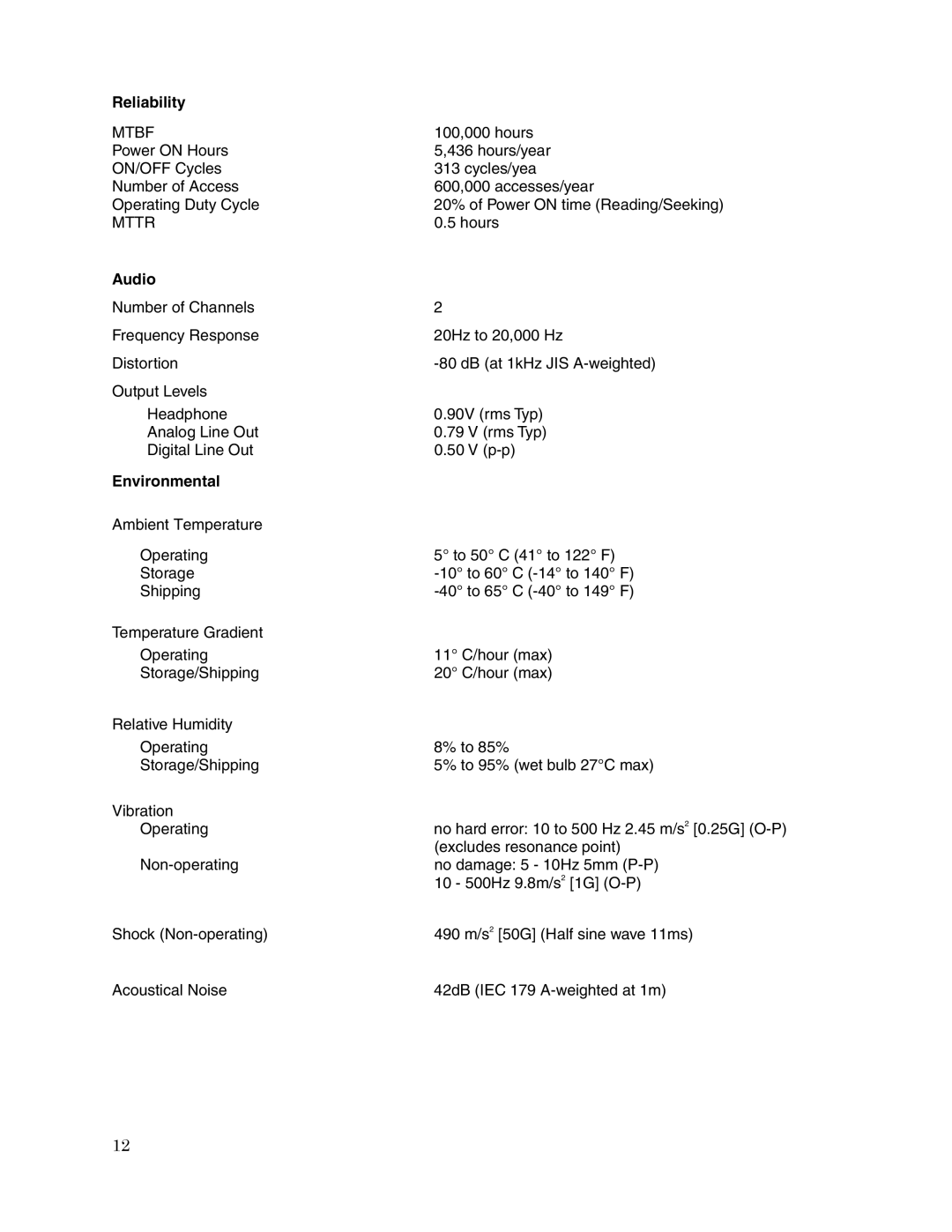 Toshiba SD-M1612 user manual Reliability, Audio, Environmental 