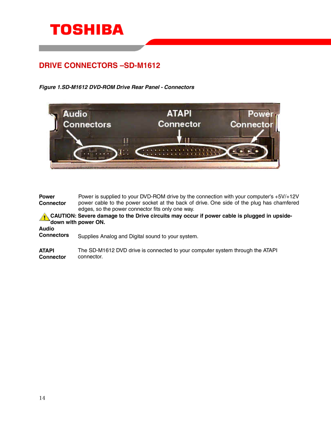 Toshiba user manual Drive Connectors -SD-M1612, Audio Connectors 